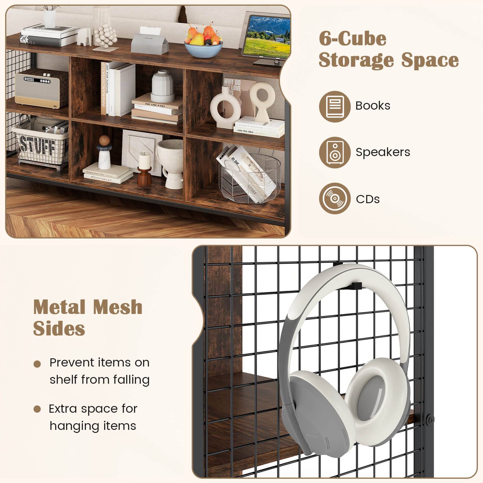6-Cube Storage Space:

* Books
* Speakers
* CDs
* Metal Mesh Sides: Prevent items on shelf from falling
* Extra space for hanging items

This image showcases a storage solution with a wooden shelf and a 6-cube storage space. The shelf is filled with various items such as books, speakers, and CDs. The metal mesh sides provide additional support and prevent items from falling off the shelf. The extra space for hanging items adds convenience and functionality to the storage solution.