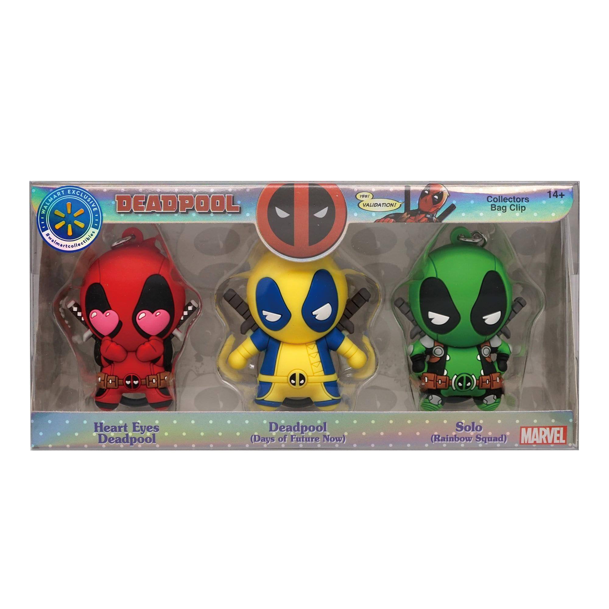 ART EXCLUSIVE MALMART DEADPOOL:  
tngrteonertiaie 1  
THOTABLAN  
Collectors Bag Clip 14+  
Heart Eyes Deadpool (Days of Future Now)  
Solo (Rainbow Squad)  
MARVEL