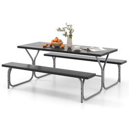 Costway - 6 FT Picnic Table Bench Set Outdoor Dining Table & 2 Benches with Metal Frame - Black