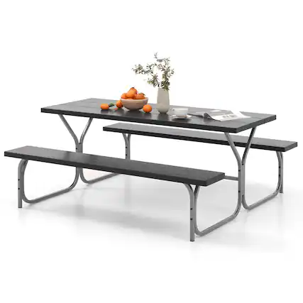 Front. Costway - Costway 6 FT Picnic Table Bench Set Outdoor Dining Table & 2 Benches with Metal Frame - Black.