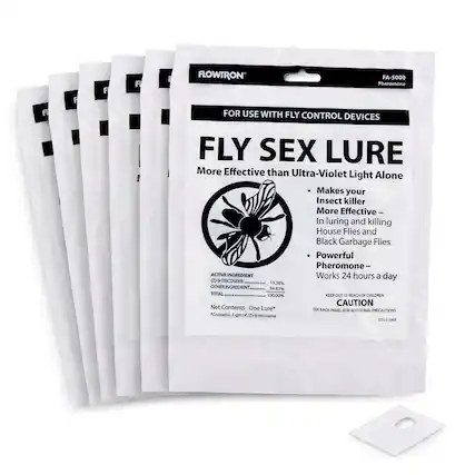 FLOWTRON FA-5000 Pheromone
FOR USE WITH FLY CONTROL DEVICES
FLY SEX LURE
More Effective than Ultra-Violet Light Alone
Makes your Insect killer More Effective - In luring and killing House Flies and Black Garbage Flies
Powerful Pheromone - Works 24 hours a day
ACTIVE INGREDIENT
(2Z)-9-Tricosene 15.36%
OTHER INGREDIENT 84.62%
TOTAL 100.00%
Net Contents: One Lure*
*Contains 1 g of (2Z)-9-Tricosene
CAUTION
KEEP OUT OF REACH OF CHILDREN
SEE BACK PANEL FOR ADDITIONAL PRECAUTIONS
535-11068