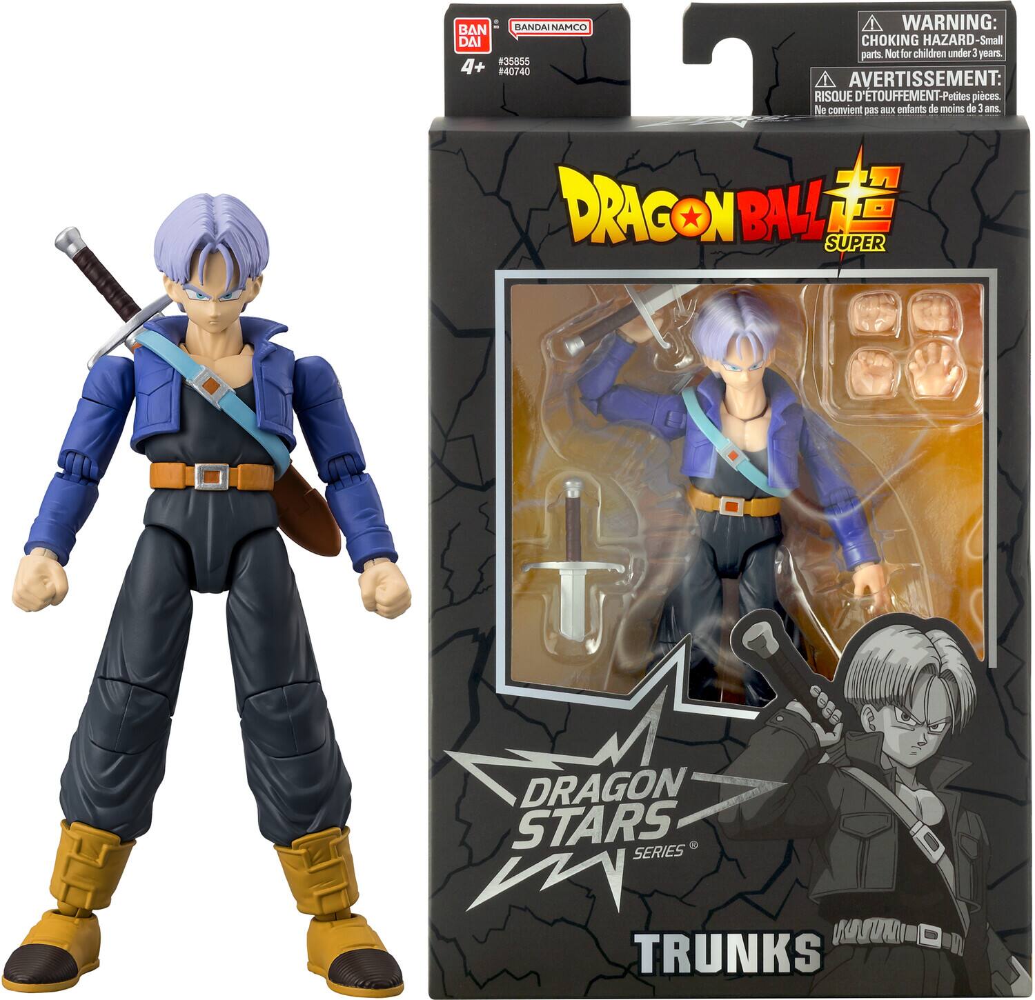 BANDAI NAMCO  
#35855  
4+  
#40740  
WARNING: CHOKING HAZARD - Small parts. Not for children under 3 years.  
AVERTISSEMENT: RISQUE D'ÉTOUFFEMENT - Petites pièces. Ne convient pas aux enfants de moins de 3 ans.  
DRAGON BALL SUPER  
DRAGON STARS SERIES  
TRUNKS