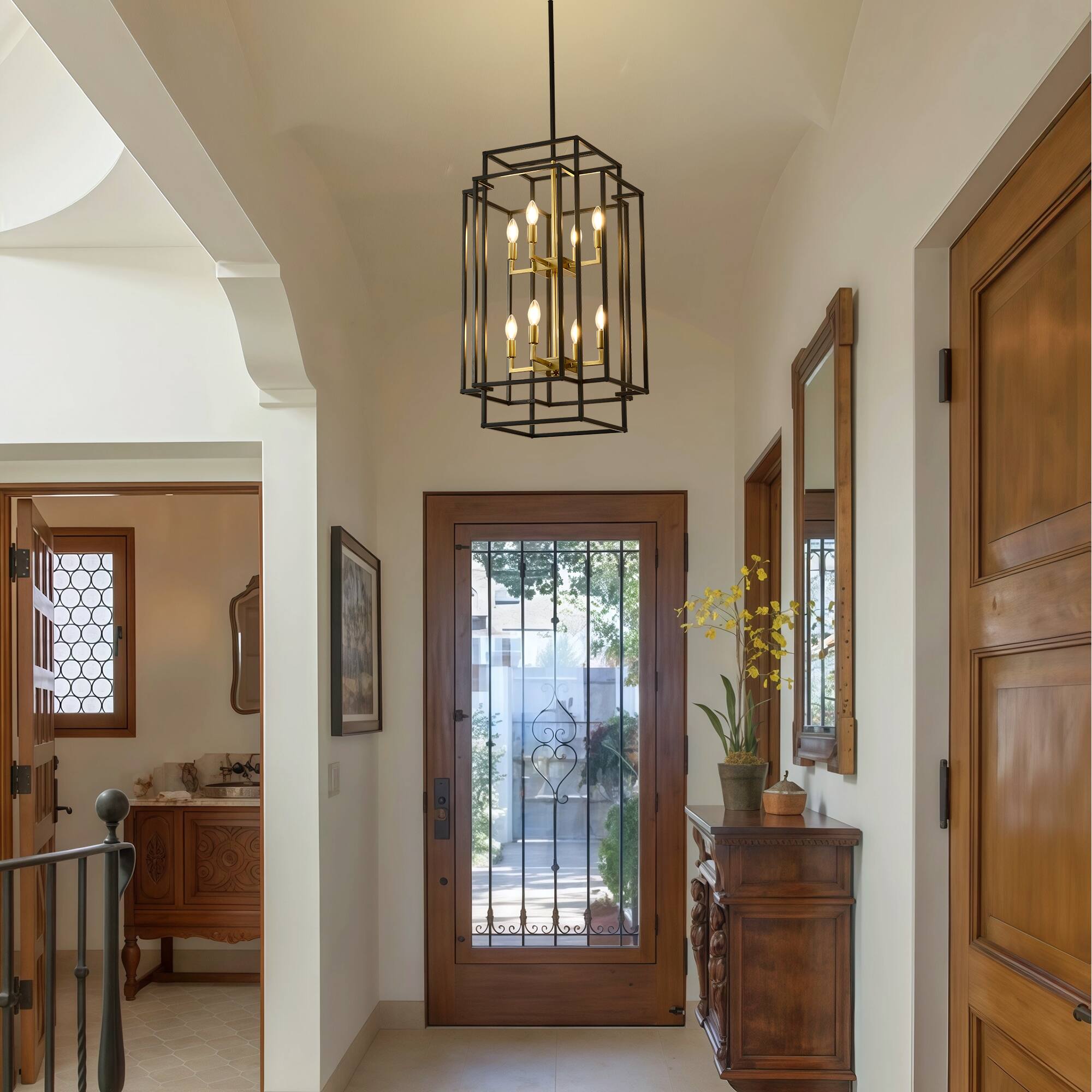 Alt View 3. RYHNUYNE - 8-Light Lantern Tiered Pendant Light Fixtures,Black Farmhouse Chandelier for Kitchen Island,Dining Room Light Fixture Ov - Black.