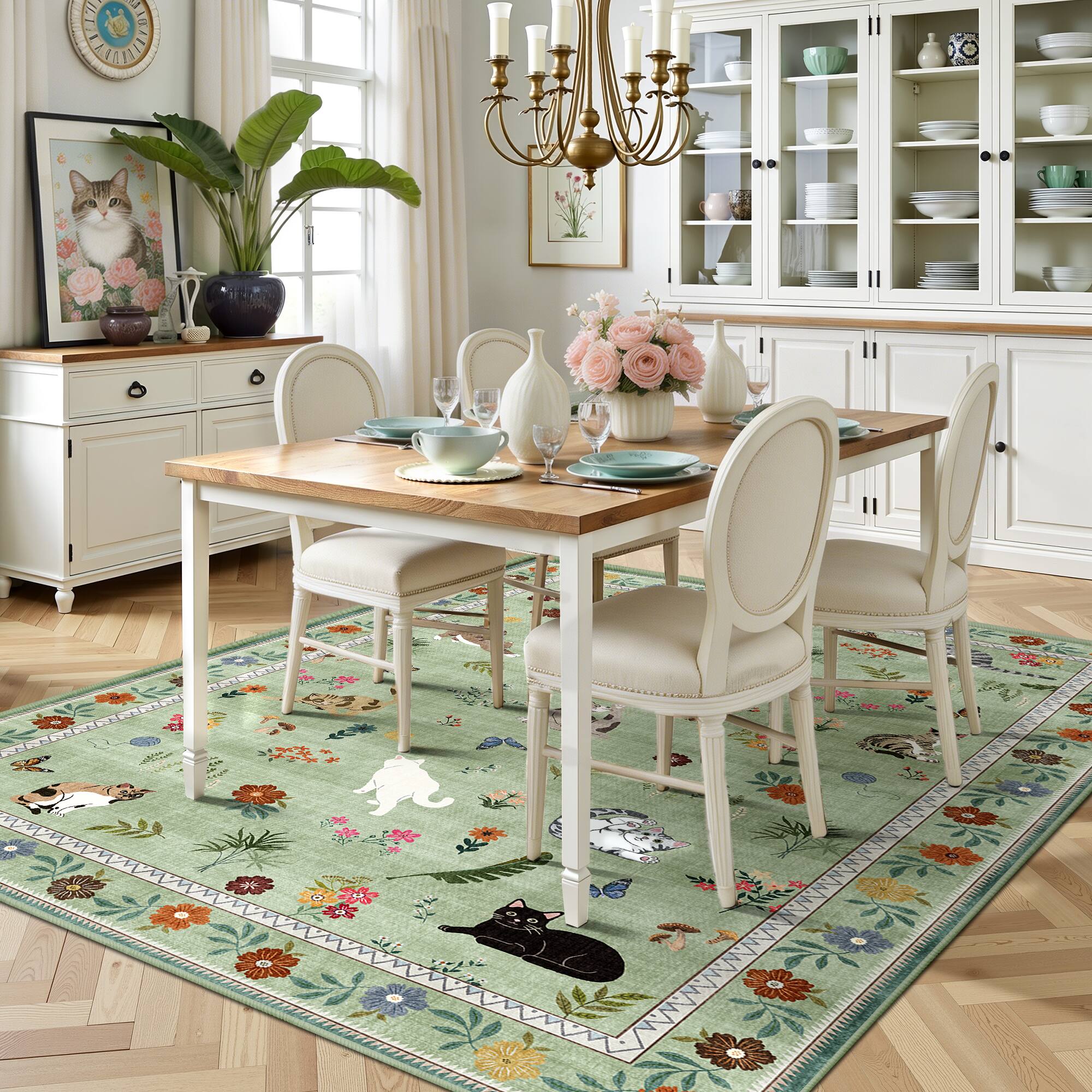 Alt View 3. KERDOM - 5x7 ft Area Rug Adorable Cat Design – Medium Animal Carpet for Living Room & Playroom, Non-Slip Washable Pet Lover Gift - Green.
