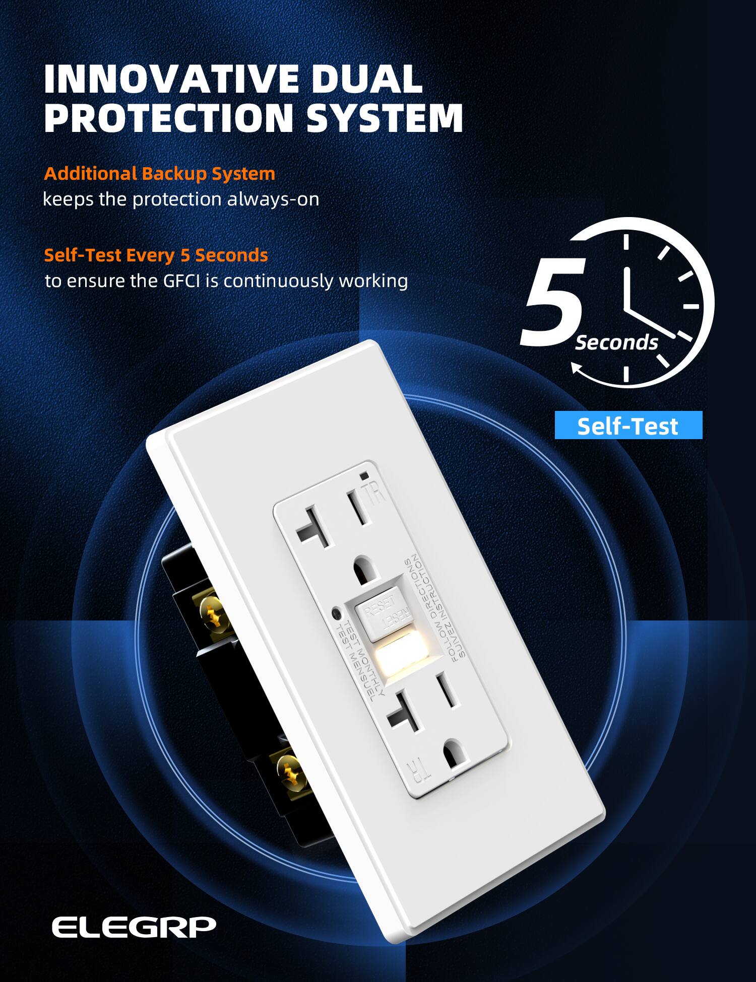 INNOVATIVE DUAL PROTECTION SYSTEM

Additional Backup System keeps the protection always-on

Self-Test Every 5 Seconds to ensure the GFCI is continuously working

5 Seconds

Self-Test

ELEGRP