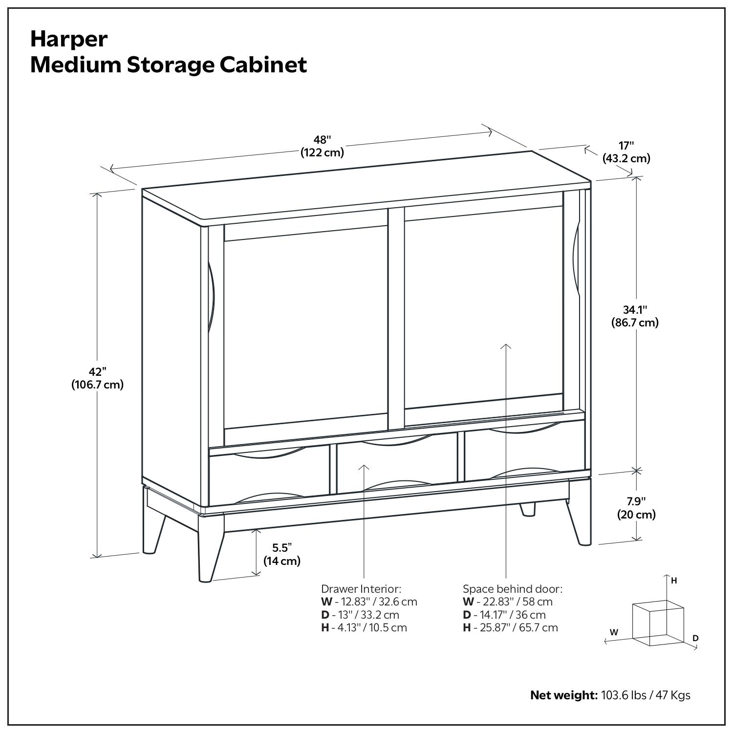 Harper Medium Storage Cabinet

- Width: 48" (122 cm)
- Depth: 17" (43.2 cm)
- Height: 34.1" (86.7 cm)
- Drawer Height: 5.5" (14 cm)
- Drawer Interior: W- 12.83" (32.6 cm), D- 13" (33.2 cm), H- 4.13" (10.5 cm)
- Space behind door: W- 22.83" (58 cm), D- 14.17" (36 cm), H- 25.87" (65.7 cm)
- Net weight: 103.6 lbs (47 kgs)