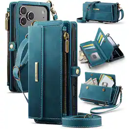 UUCOVER - Folio Wallet Case for Apple iPhone 17 Pro Max with RFID Blocking Card Slots Cash Holder, Zipper Pocket, Crossbody Strap - Green