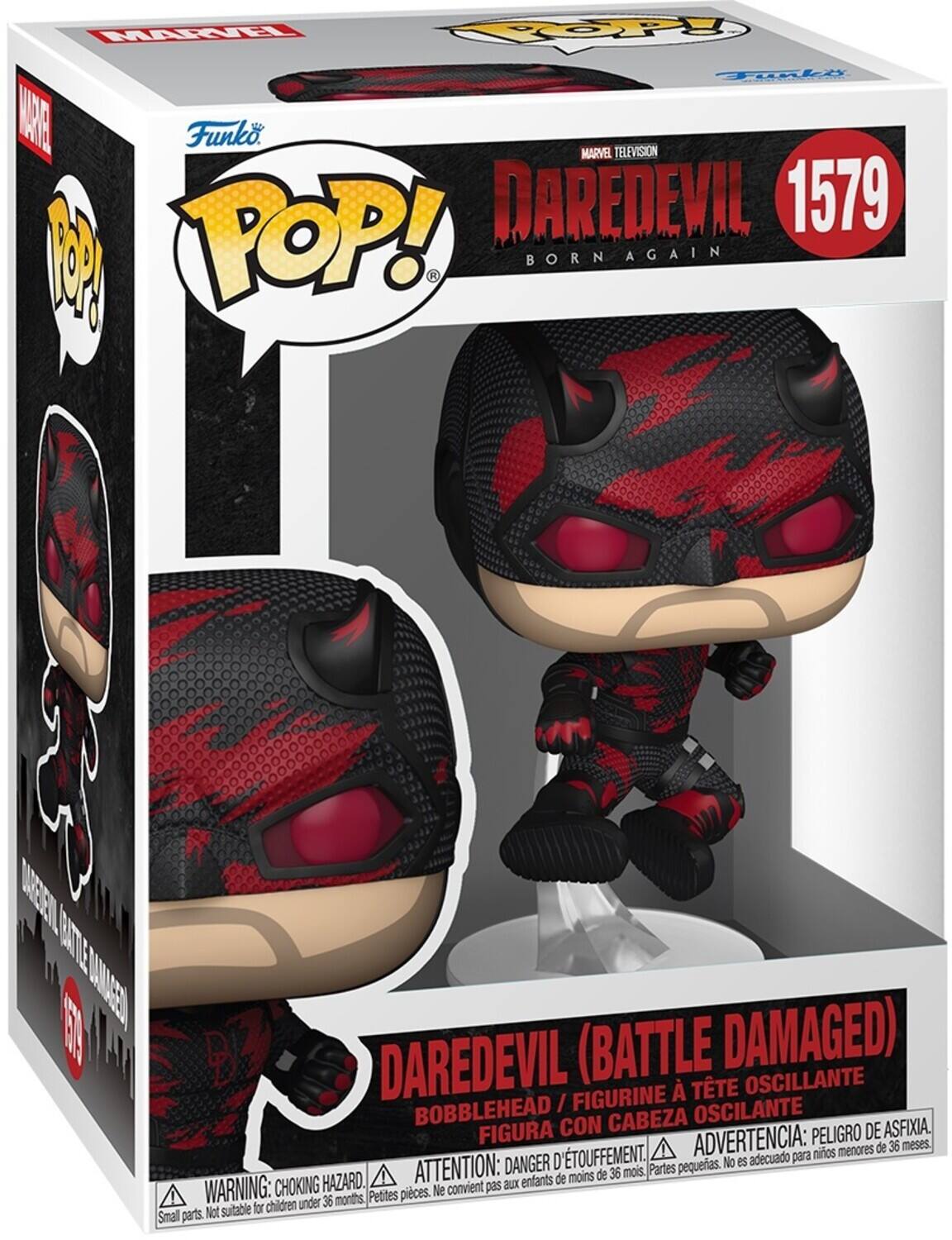 MARVEL TELEVISION  
DAREDEVIL  
1579  
BORN AGAIN  

DAREDEVIL (BATTLE DAMAGED)  
BOBBLEHEAD / FIGURINE À TÊTE OSCILLANTE / FIGURA CON CABEZA OSCILANTE  

WARNING: CHOKING HAZARD. Small parts. Not suitable for children under 36 months.  
ATTENTION: DANGER D'ÉTOUFFEMENT. Petites pièces. Ne convient pas aux enfants de moins de 36 mois.  
ADVERTENCIA: PELIGRO DE ASFIXIA. Partes pequeñas. No es adecuado para niños menores de 36 meses.
