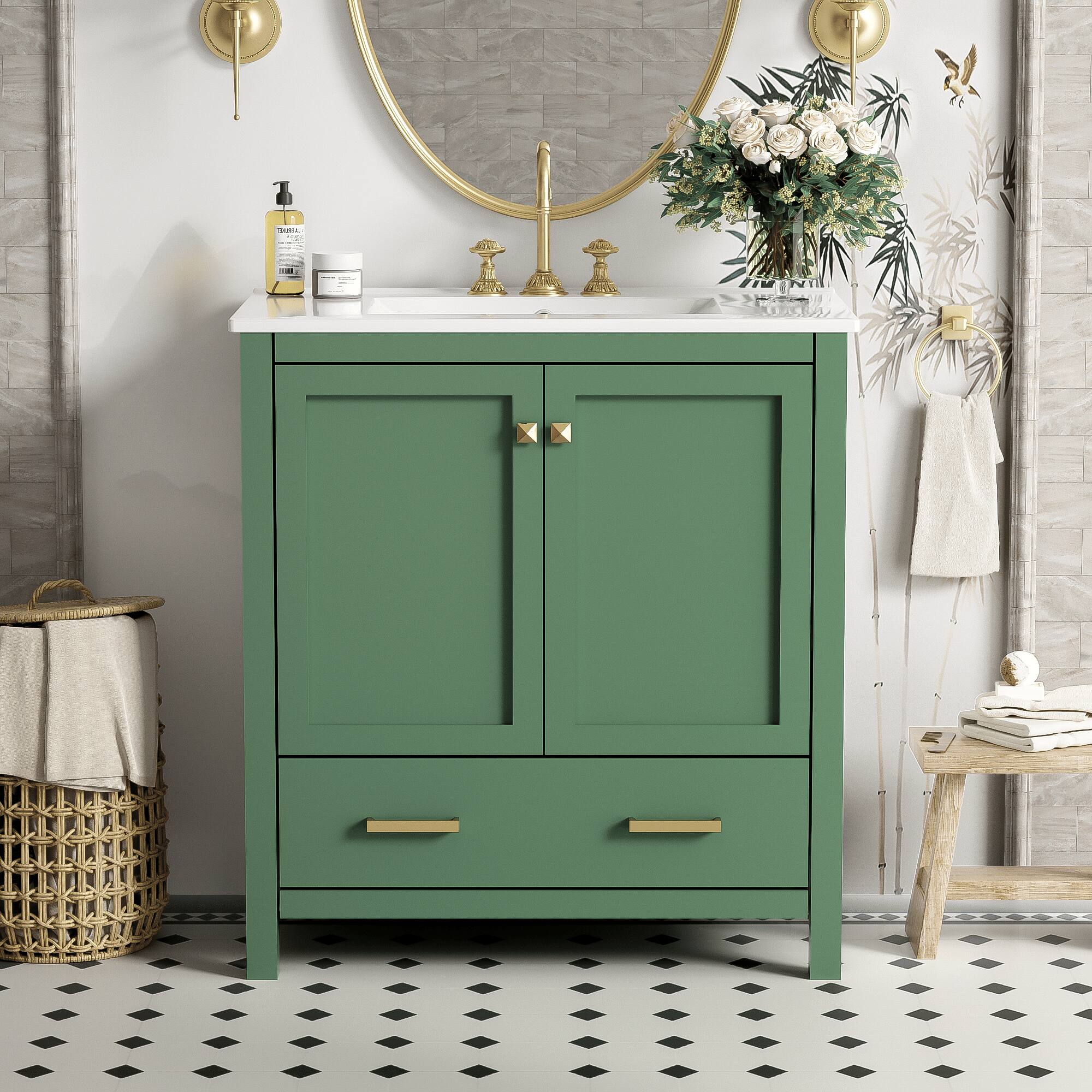 Left. Mirfee - 30" Bathroom Vanity with Single Sink, 2 Doors, Drawer, Soft Close, Solid Wood - Green.