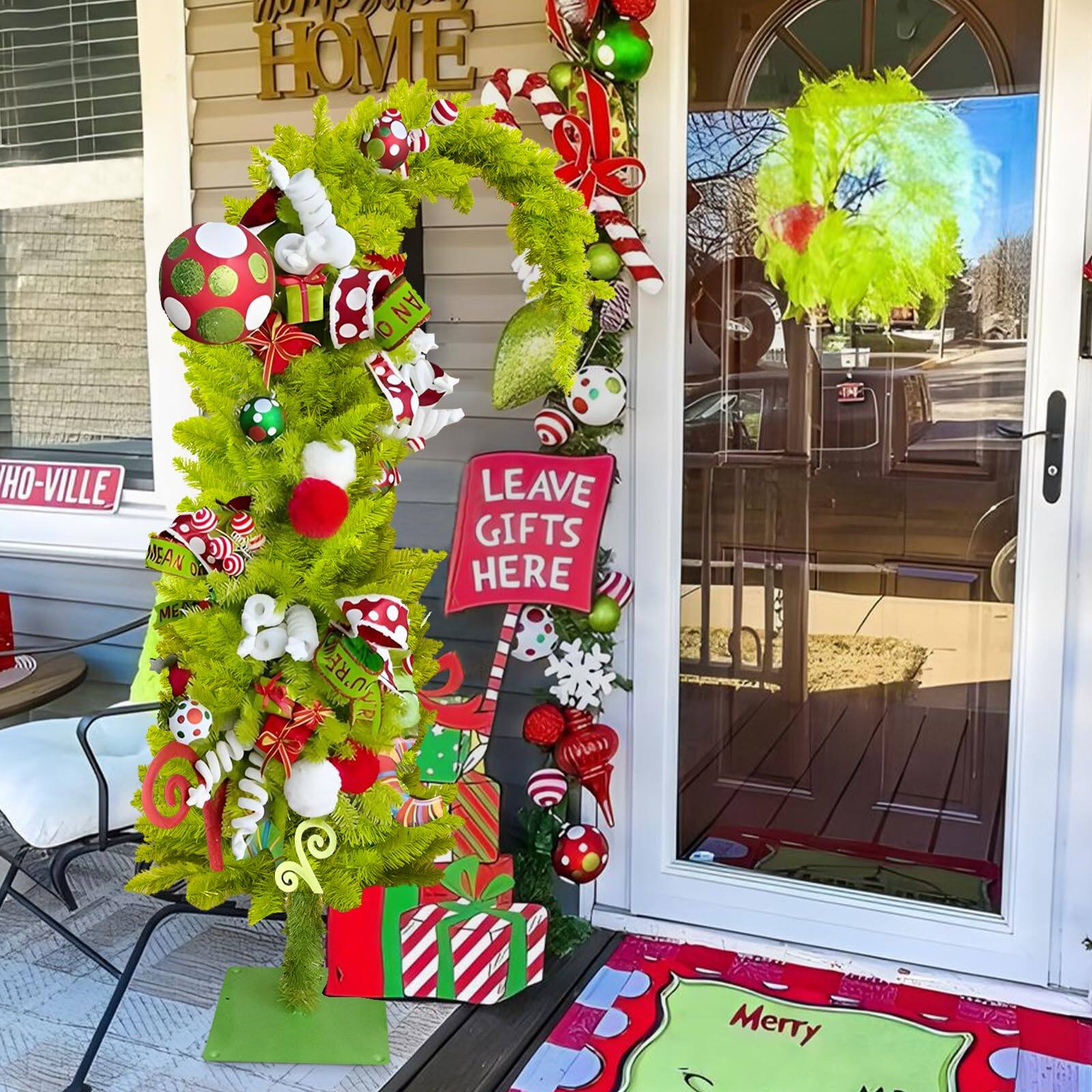 Sure, here is the corrected and grouped text from the image:

- "HOME"
- "HO-VILLE"
- "LEAVE GIFTS HERE"
- "Merry"