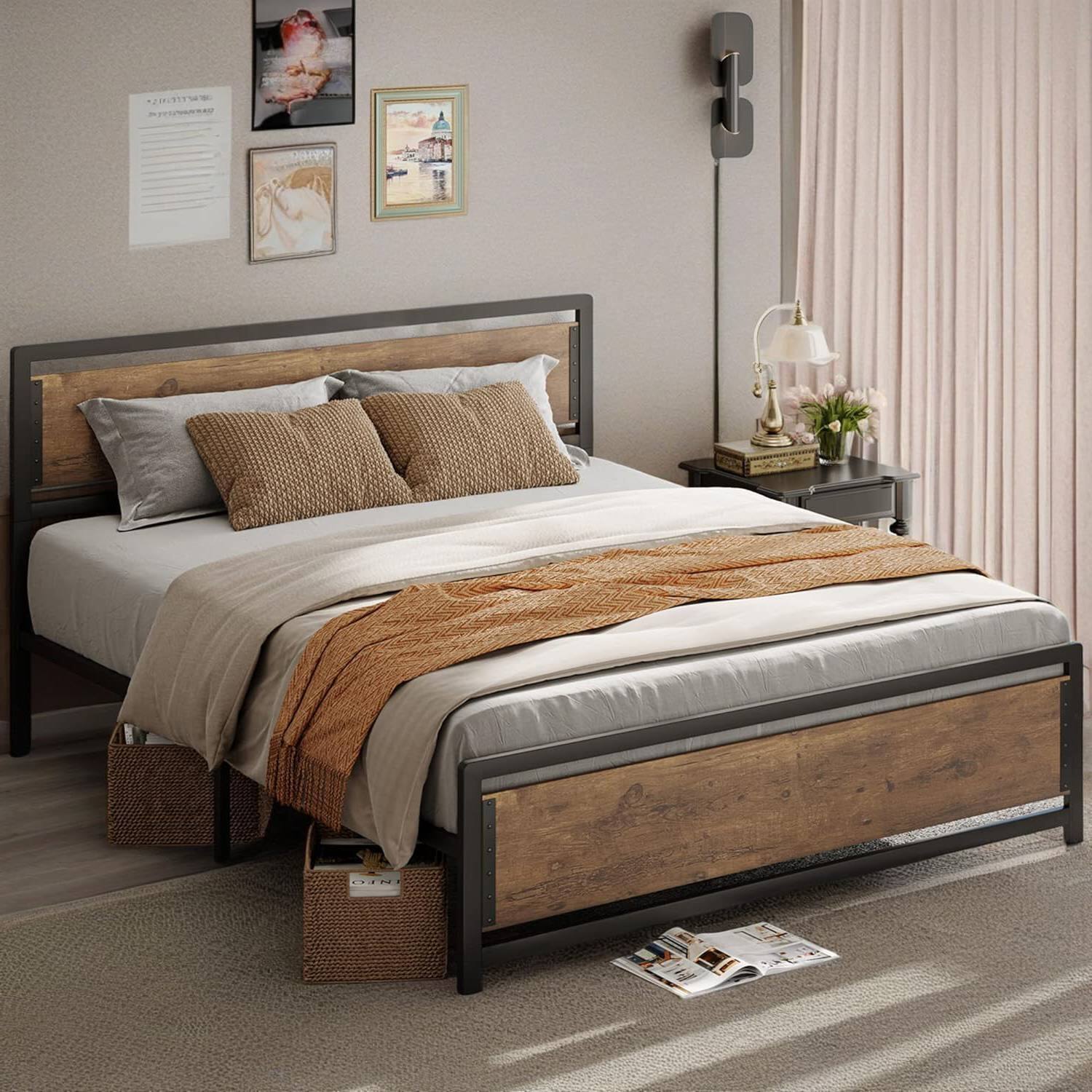 Angle. Hivvago - Queen Modern Metal Wood Industrial Platform Bed Frame with Headboard Footboard - Black.