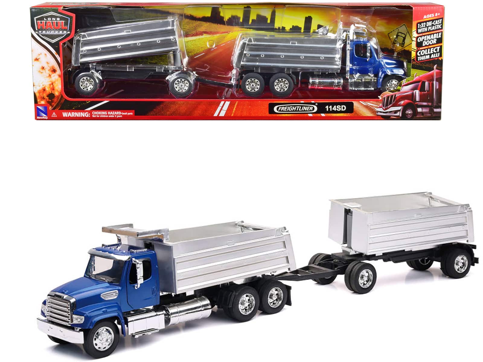 "Freightliner 114SD Dump Truck with Twin Dump Body Blue ""Long Haul Trucker"" Series 1/32 Diecast Model by New Ray" price history on PriceWatchPro