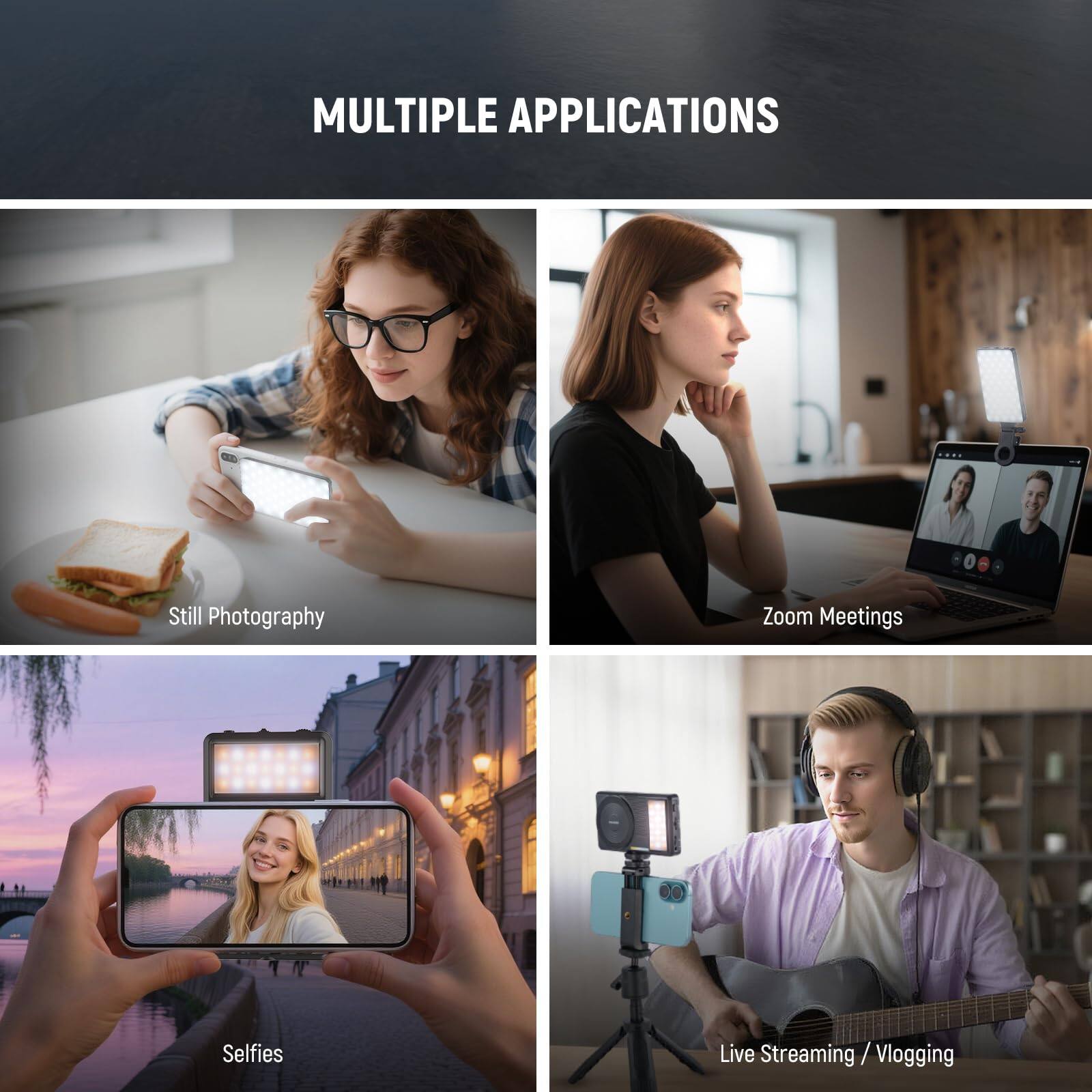 MULTIPLE APPLICATIONS

- Still Photography
- Zoom Meetings
- Selfies
- Live Streaming / Vlogging