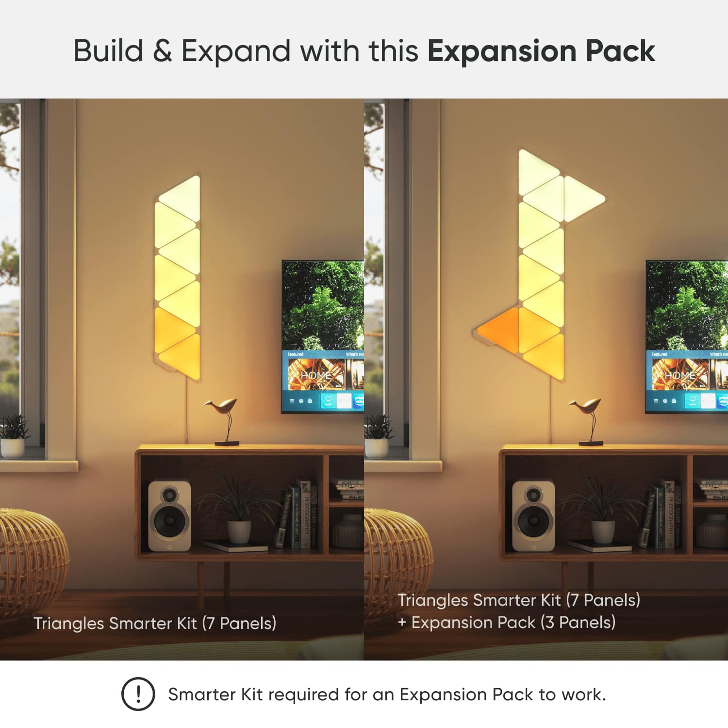 Build & Expand with this Expansion Pack. Triangles Smarter Kit (7 Panels) + Expansion Pack (3 Panels) required for an Expansion Pack to work.