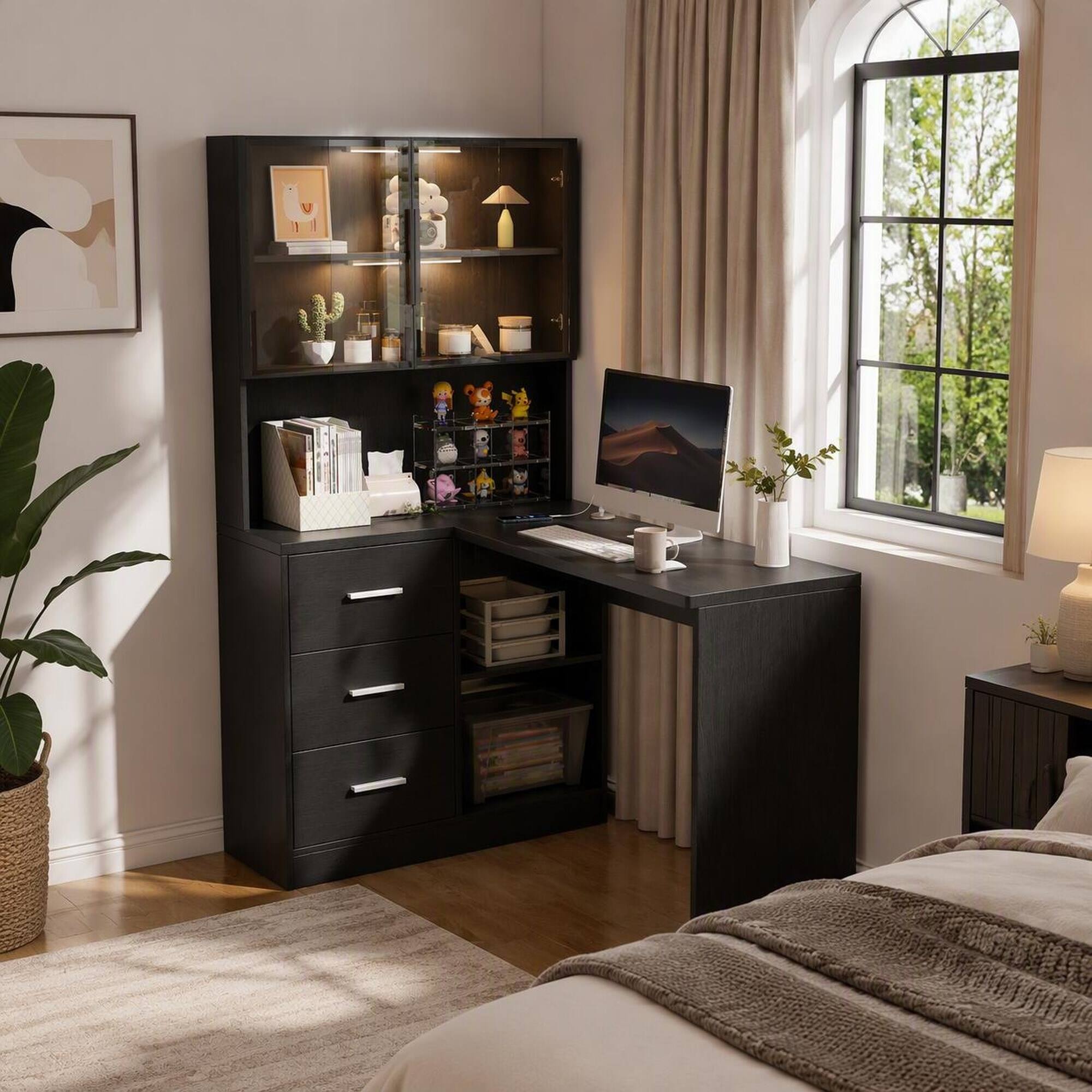 Left. RYHNUYNE - L-Shaped Corner Computer Desk, Black MDF with Glass Cabinets, LED Lighting, USB Ports, Keyboard Tray for Home Office - Black.