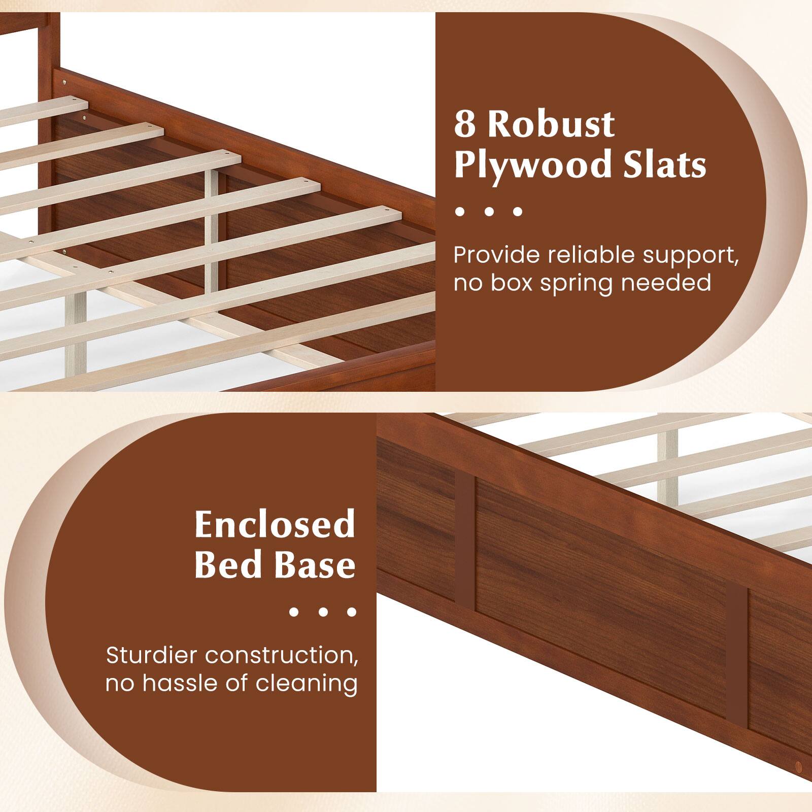 8 Robust Plywood Slats  
Provide reliable support, no box spring needed  

Enclosed Bed Base  
Sturdier construction, no hassle of cleaning