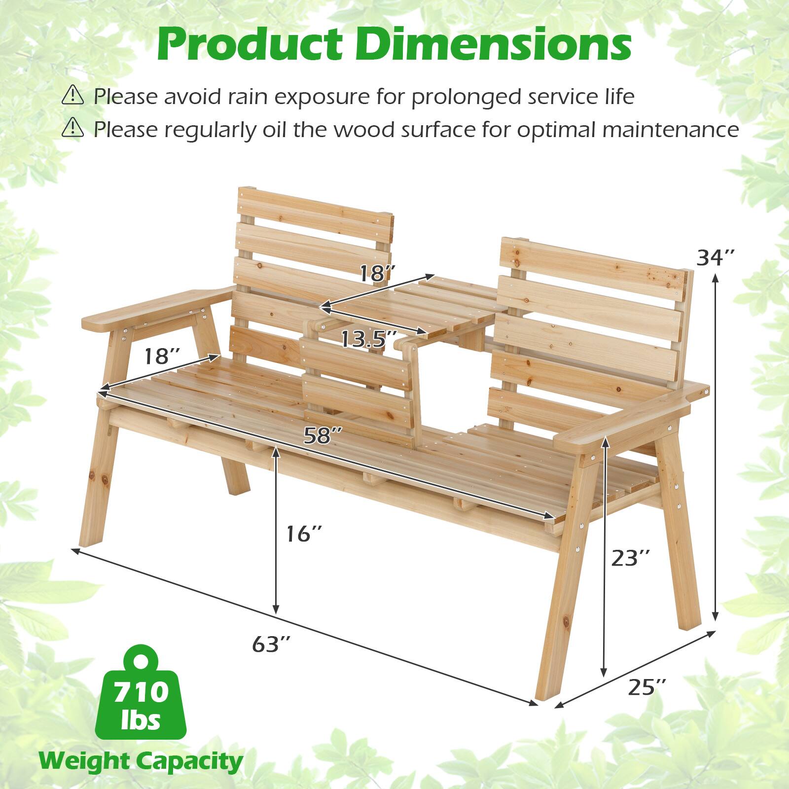 Product Dimensions

- Please avoid rain exposure for prolonged service life
- Please regularly oil the wood surface for optimal maintenance

Dimensions:
- Length: 63"
- Width: 34"
- Height: 25"
- Seat Depth: 18"
- Back Height: 58"
- Armrest Height: 16"
- Armrest Width: 18"
- Back Width: 23"
- Back Depth: 13.5"

Weight Capacity: 710 lbs