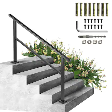 Front. VEVOR - Handrail Outdoor Stairs 47.6 X 35.2 Inch Outdoor Handrail Outdoor Stair Railing Adjustable from 0 to 30 Degrees Handrail - Black.
