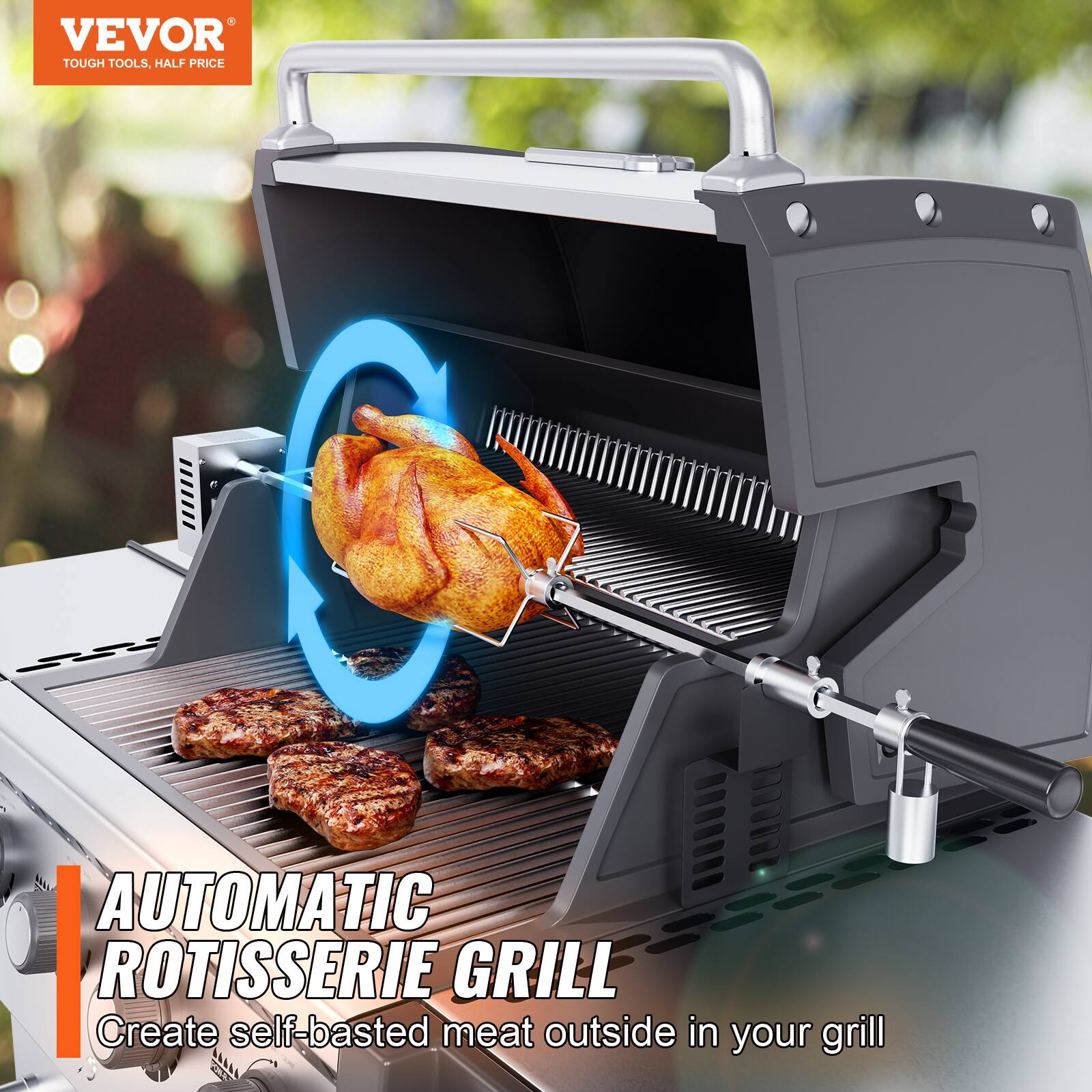VEVOR TOUGH TOOLS, HALF PRICE AUTOMATIC ROTISSERIE GRILL Create self-basted meat outside in your grill