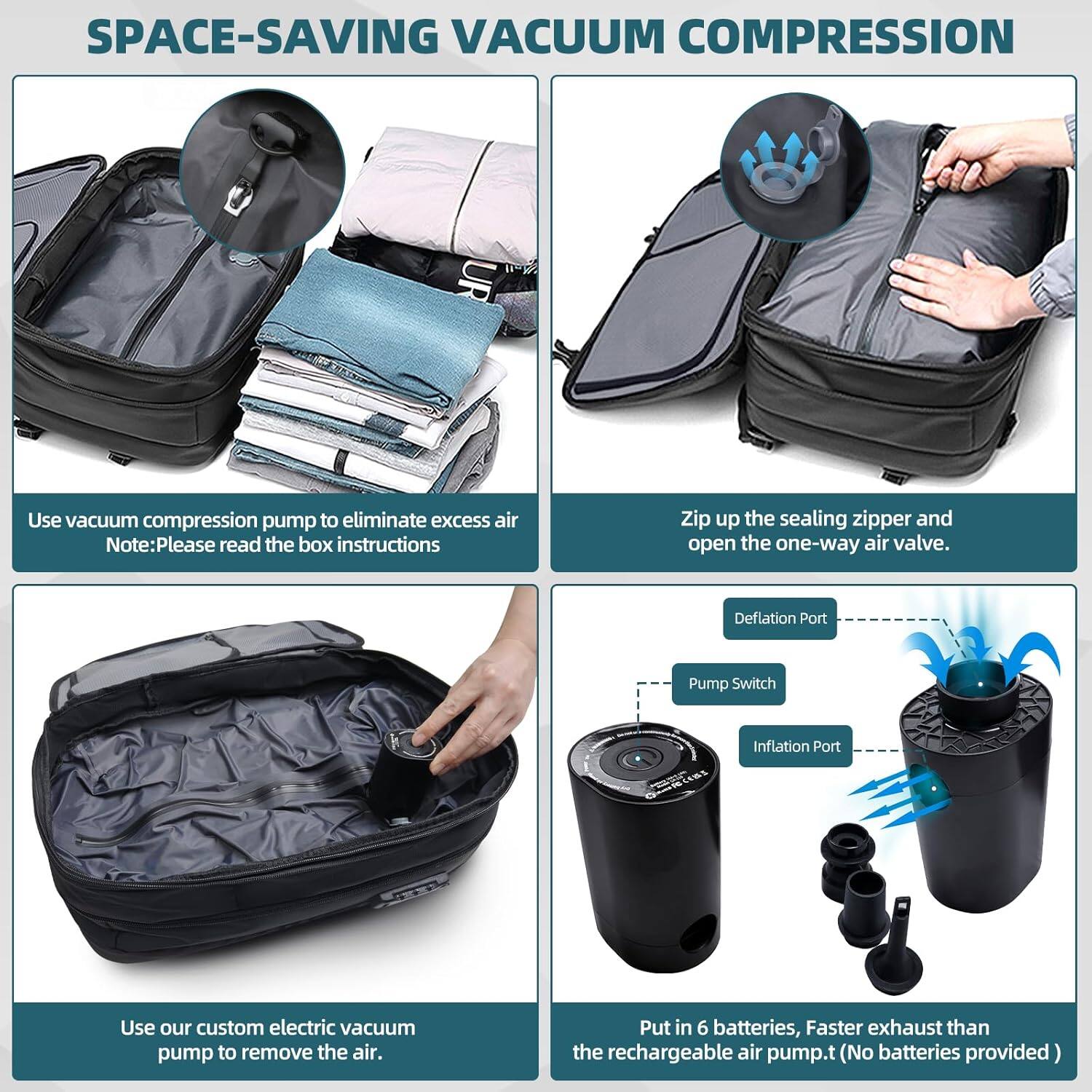 SPACE-SAVING VACUUM COMPRESSION

Use vacuum compression pump to eliminate excess air
Note: Please read the box instructions

Zip up the sealing zipper and open the one-way air valve.

Use our custom electric vacuum pump to remove the air.

Put in 6 batteries, Faster exhaust than the rechargeable air pump. (No batteries provided)