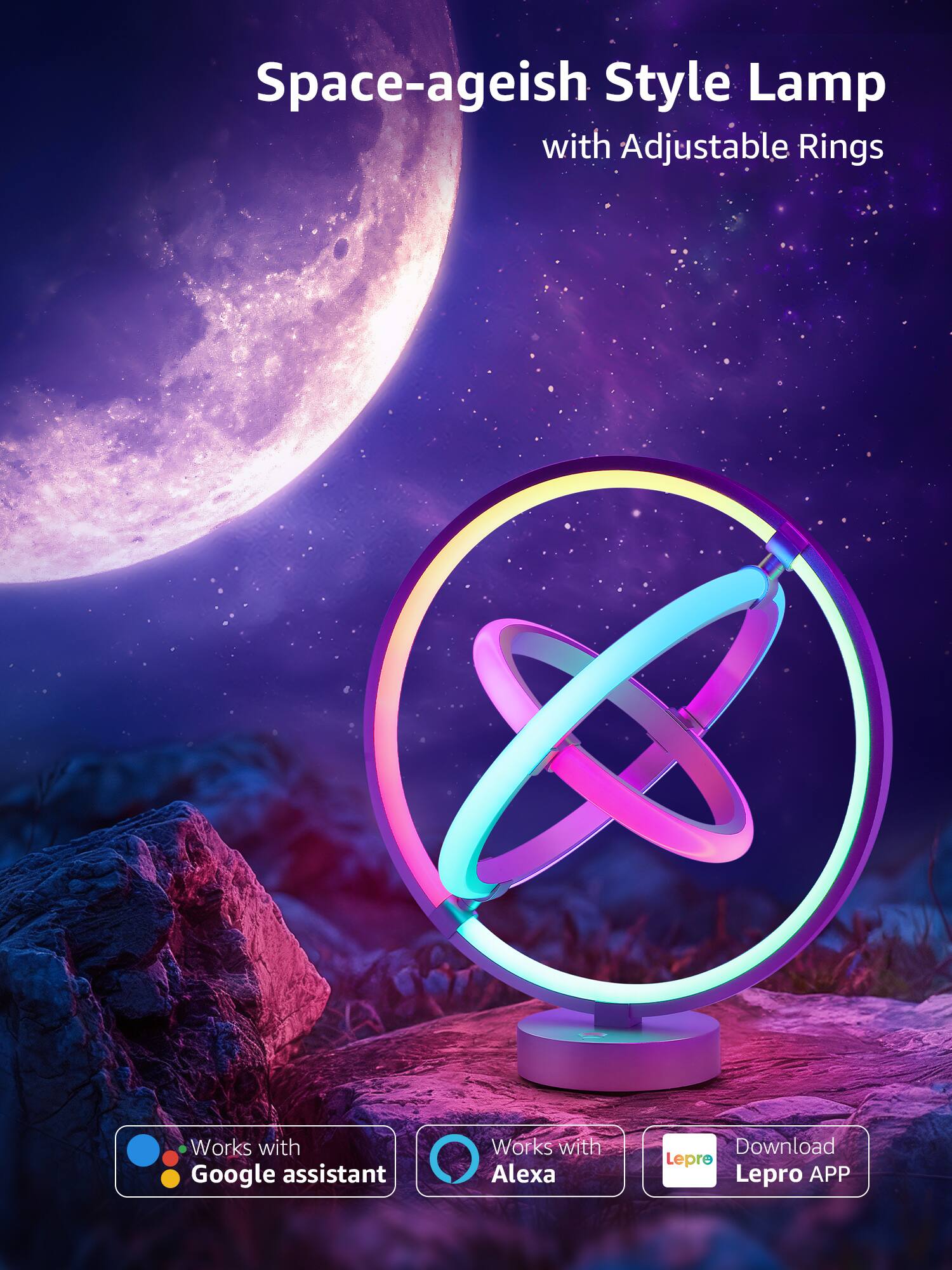 Space-ageish Style Lamp with Adjustable Rings Works with Google Assistant Works with Alexa Download Lepro Lepro APP