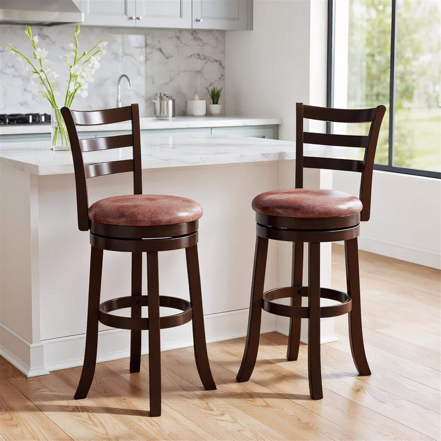 Pefilos- 29 Inch Counter Height 360° Swivel Barstools Set of 2, Faux Leather Seat Wrap-around Footrest- Brown