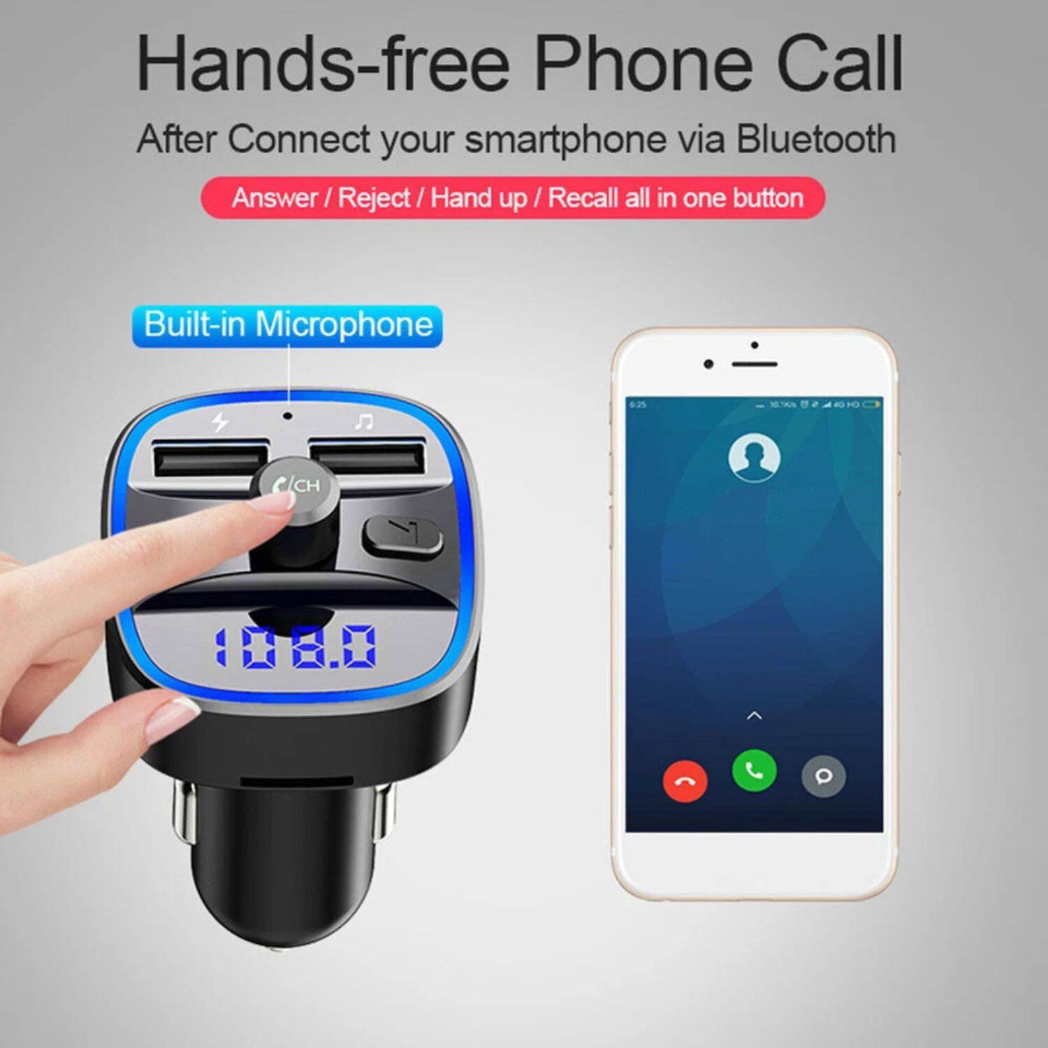 Hands-free Phone Call  
After Connect your smartphone via Bluetooth  
Answer / Reject / Hand up / Recall all in one button  
Built-in Microphone