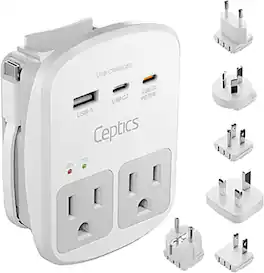 Ceptics - Universal Travel Adapter Kit – 2 USA Outlets, USB-A, USB-C PD 35W, Surge Protected, Plugs for EU/UK/AU/JP - WH