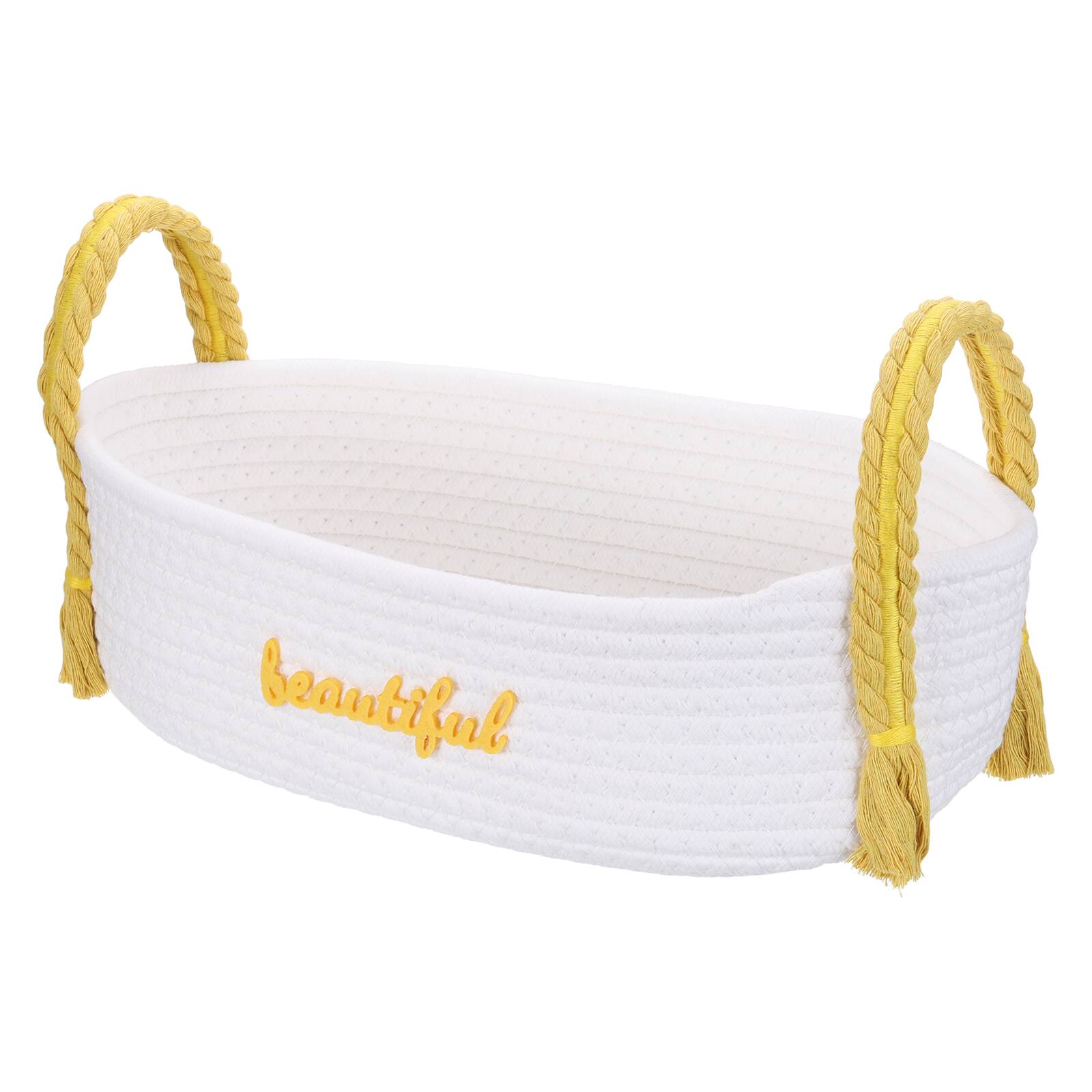 Front. Unique Bargains - Rectangular Rope Basket, 14.6x7.9x7.1inch Small Woven Basket with Handles for Shelf Storage Home Decor Gift Chest - White/Yellow.