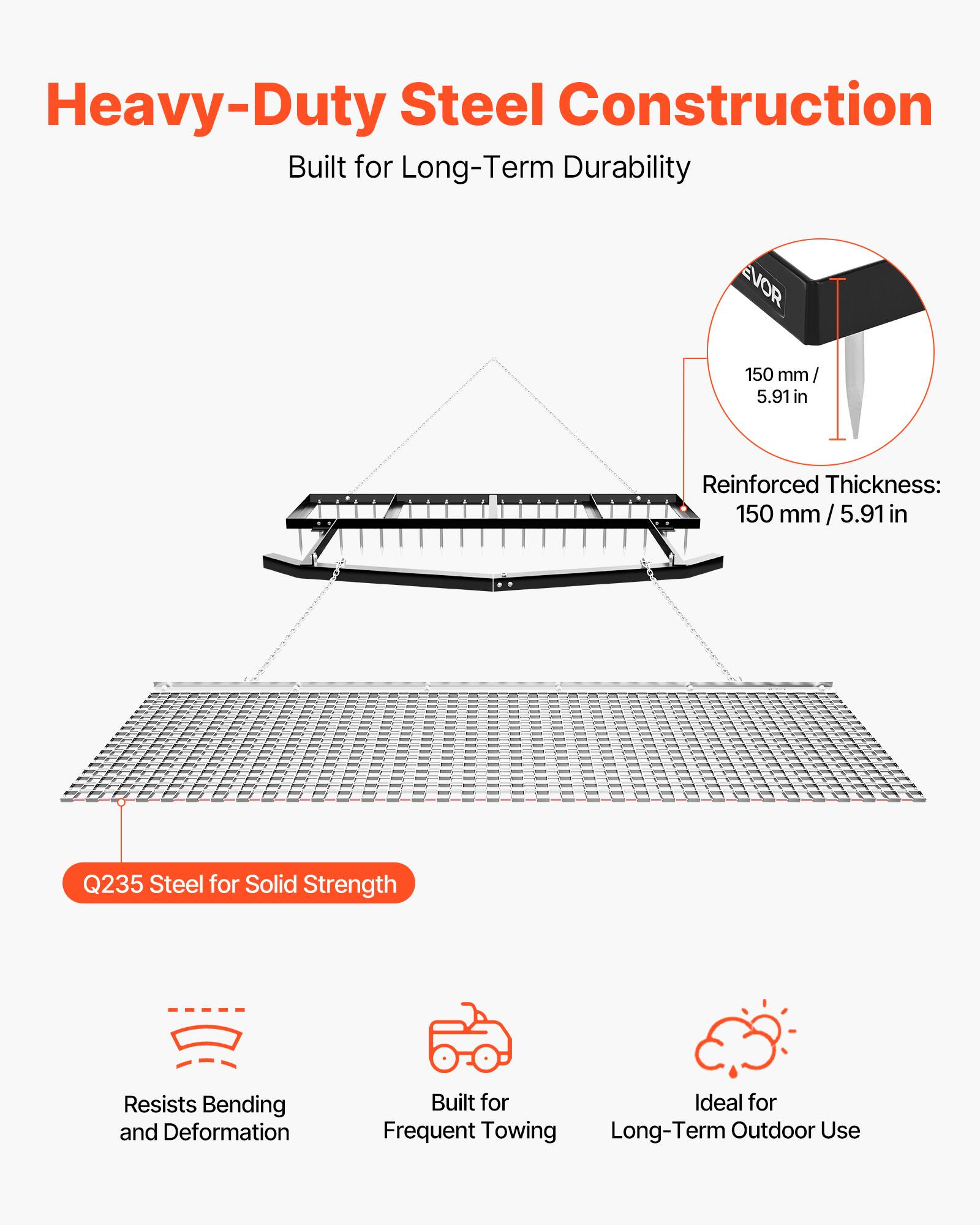 Heavy-Duty Steel Construction  
Built for Long-Term Durability  

EVOR 150 mm / 5.91 in  
Reinforced Thickness: 150 mm / 5.91 in  

Q235 Steel for Solid Strength  
Resists Bending and Deformation  
Built for Frequent Towing  
Ideal for Long-Term Outdoor Use