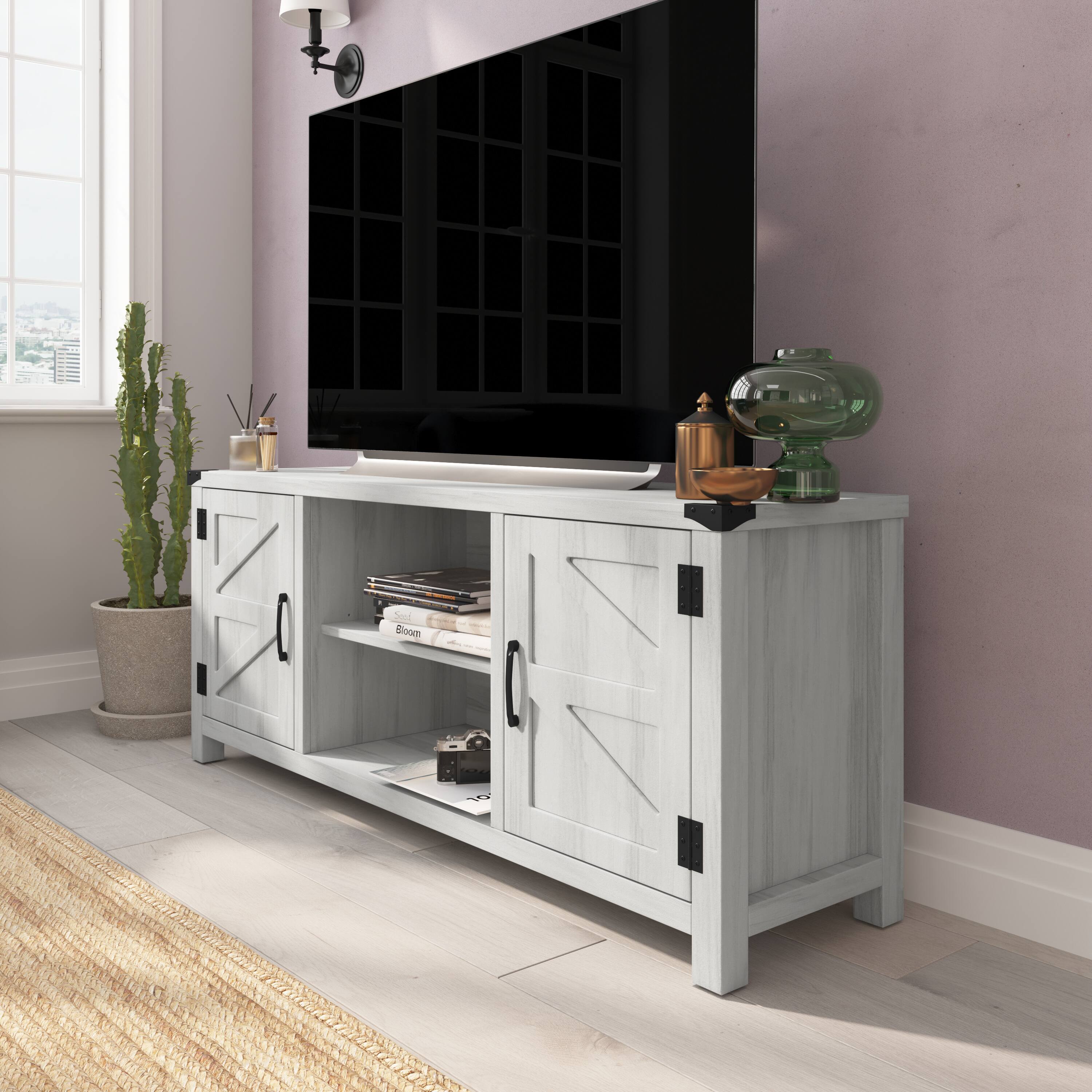 Emma + Oliver - 59 Inch Barn Door TV Stand Fits up to 65" TV's with Adjustable Shelf - Light Gray