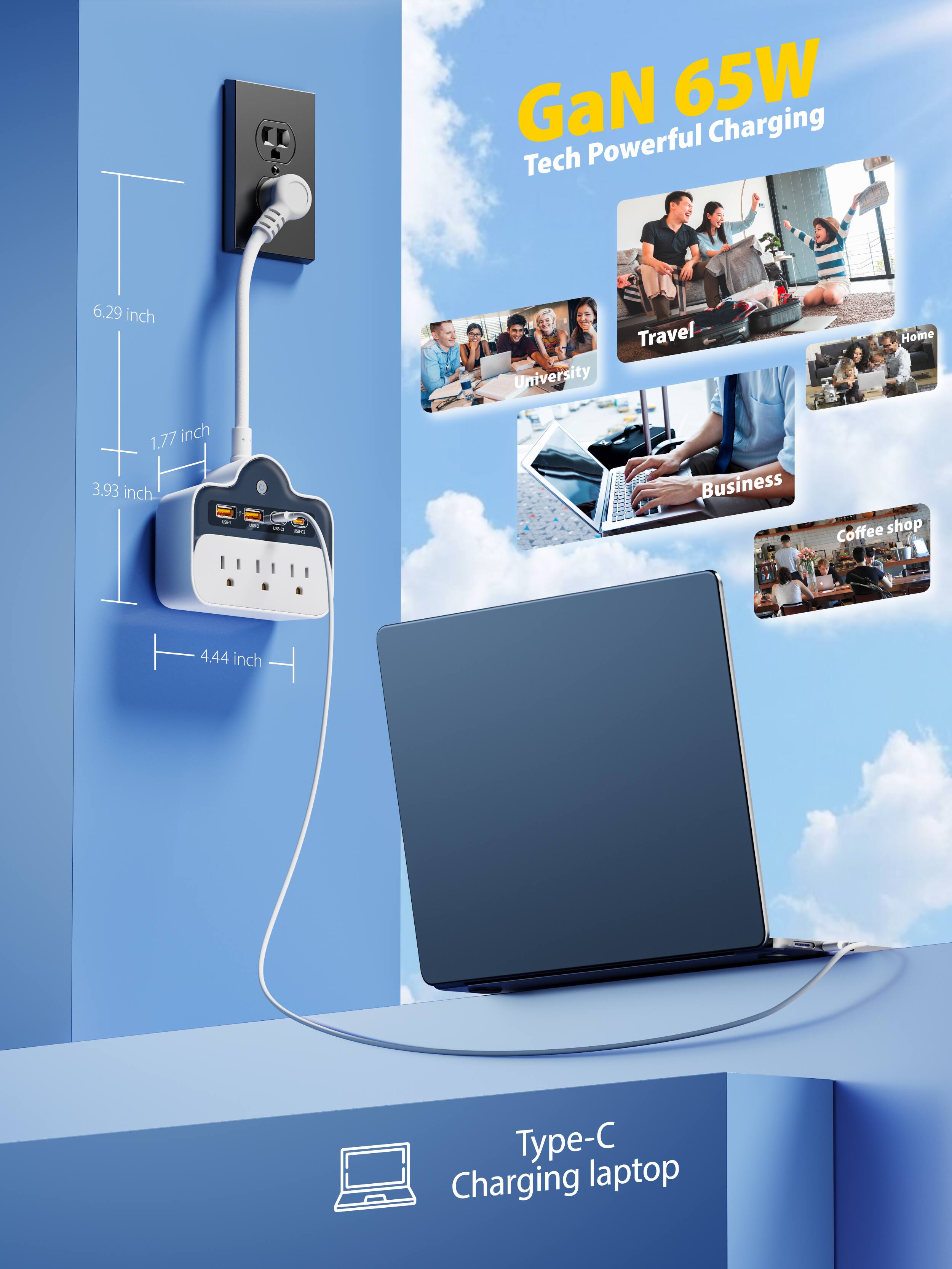 GaN 65W Tech Powerful Charging

6.29 inch
1.77 inch
3.93 inch
4.44 inch

Type-C Charging Laptop

Travel
University
Home
Business
Coffee shop