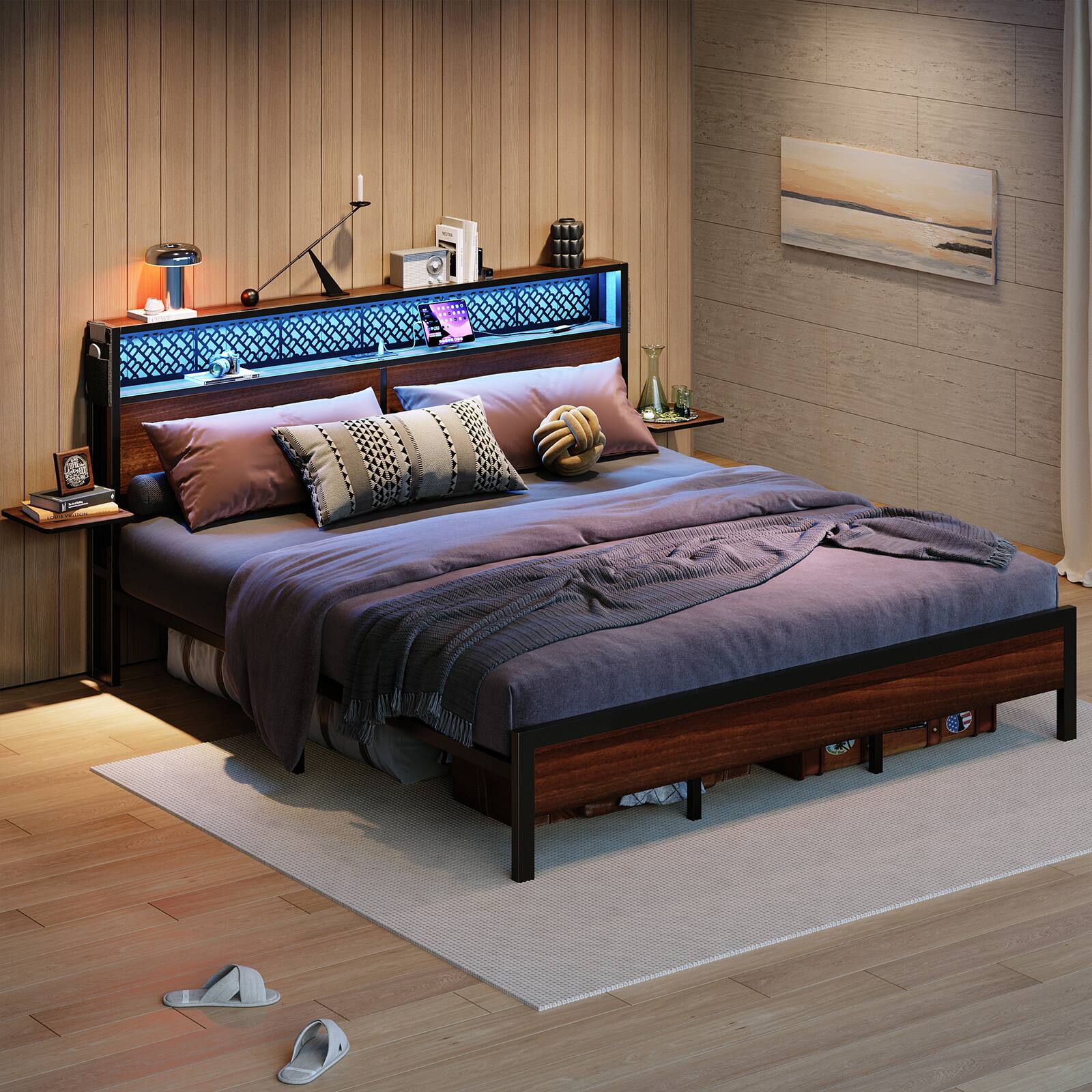 Alt View 4. Bestier - Queen Gaming Bed Frame with Headboard Foldable Shelves LED Lighting Charging Station Non-Slip Metal - Ancona Walnut.