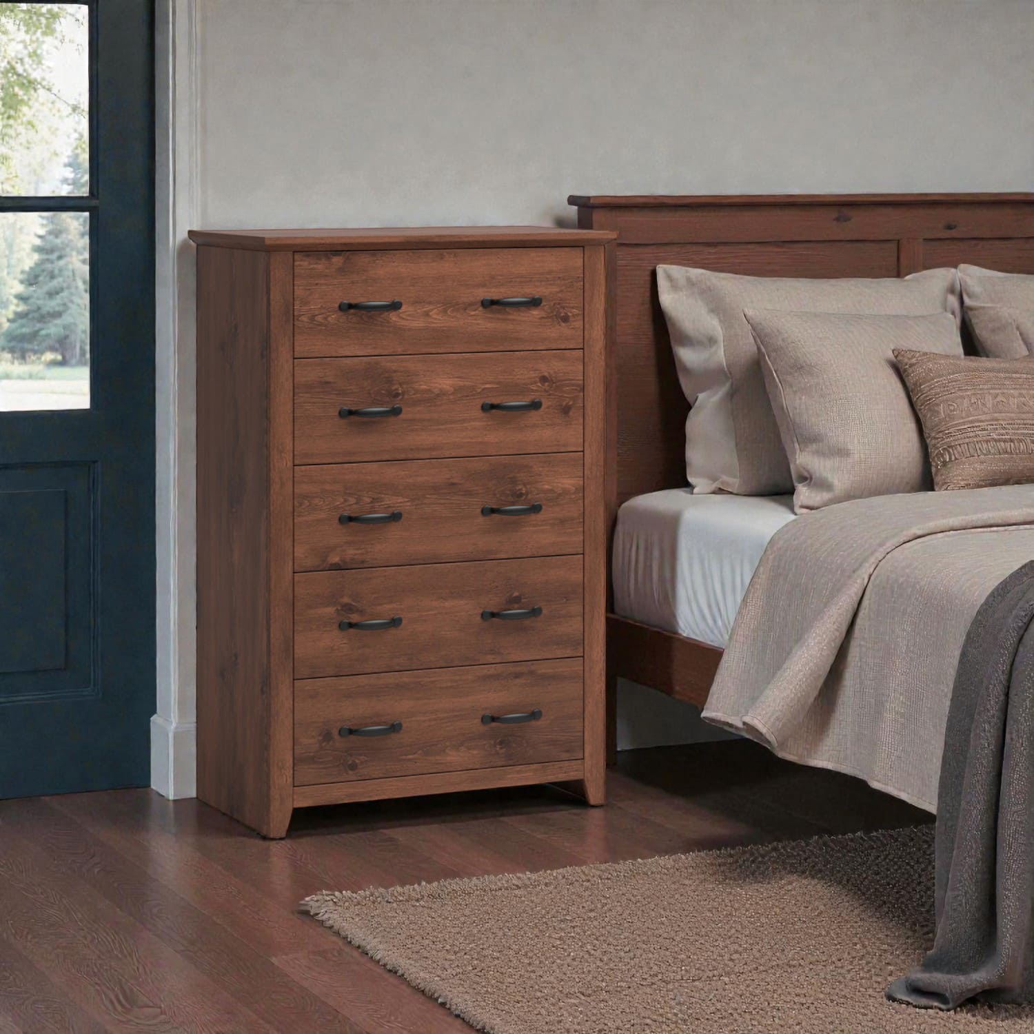 Hivvago - Standing Storage Cabinet with a Set of 5 Drawers - Walnut