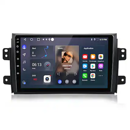 M RST 6:13 PM Navi Music Application 0 km/h + 06:13 Friday UNKNOWN UNKOWN YouTube Video File Manager ImageScan Play Store Radio DVR ... REC F Buelooth Chrome