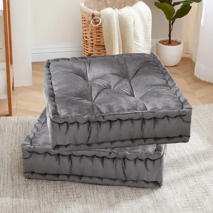 Front. Sweet Home Collection - 20"x20" Oversized Square Tufted Floor Pillow in Faux Velvet Fabric, 2-Pack - Gray.