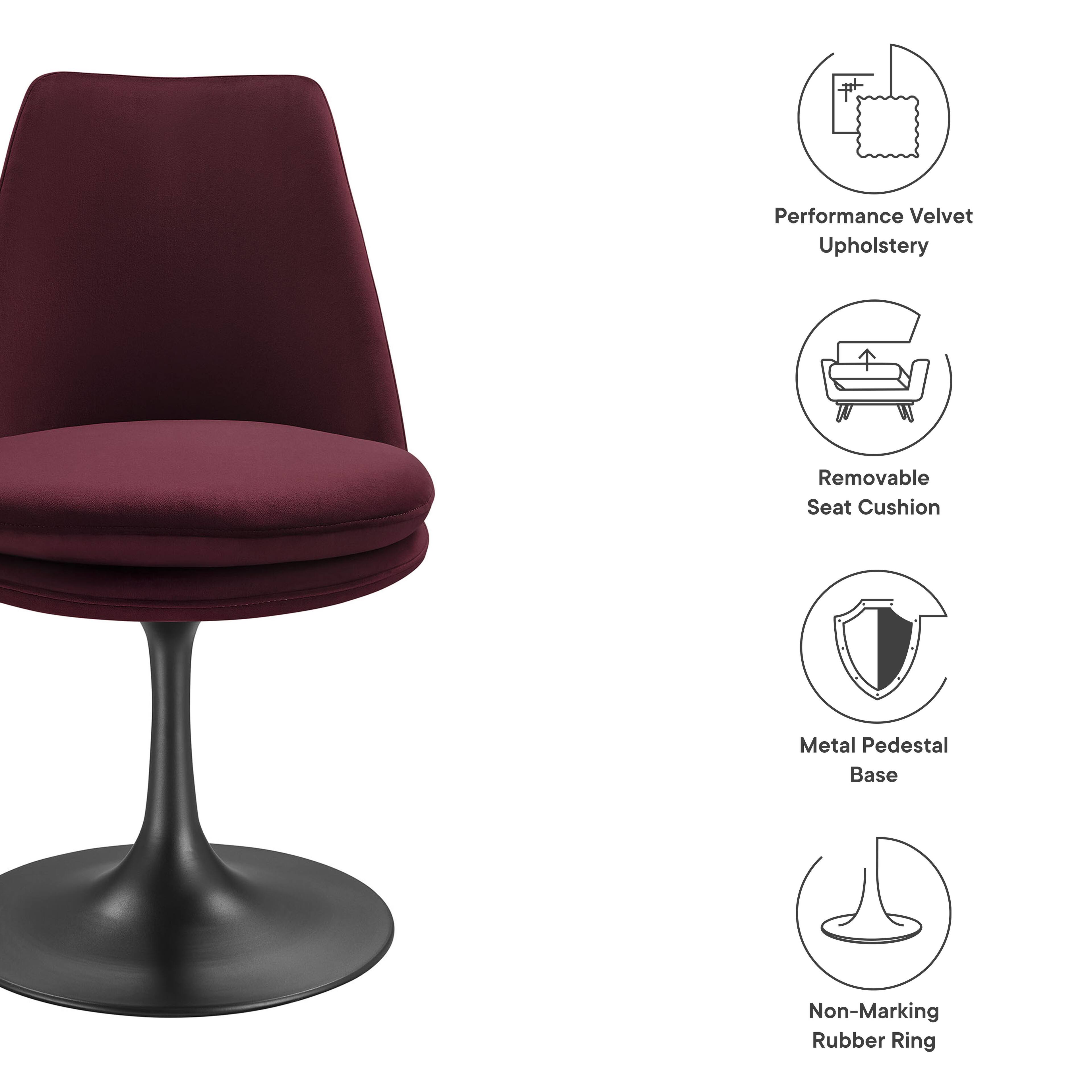 - Performance Velvet Upholstery
- Removable Seat Cushion
- Metal Pedestal Base
- Non-Marking Rubber Ring