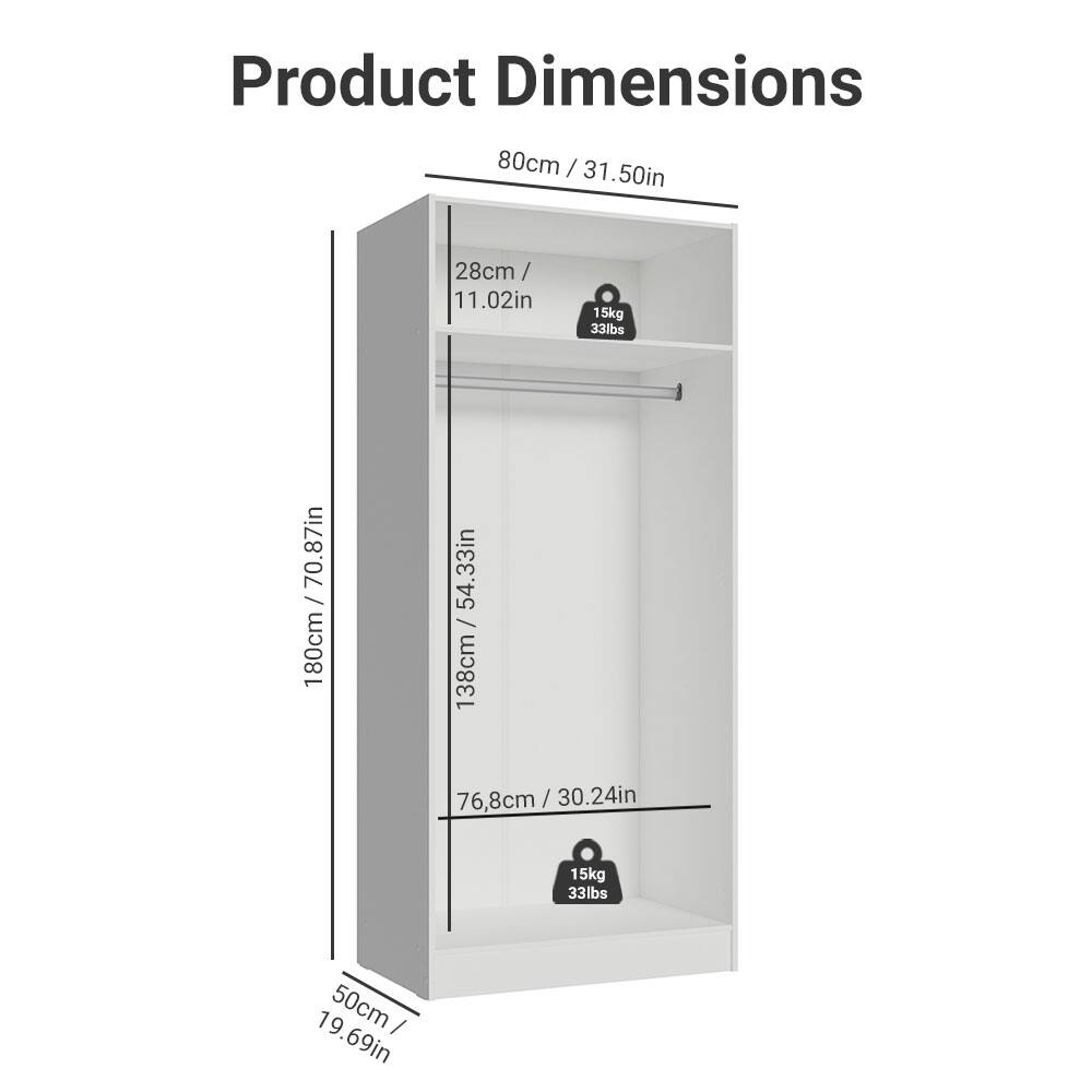 Product Dimensions:  
- 80cm / 31.50in  
- 28cm / 11.02in  
- 180cm / 70.87in  
- 138cm / 54.33in  
- 76.8cm / 30.24in  
- 50cm / 19.69in  
- 15kg / 33lbs
