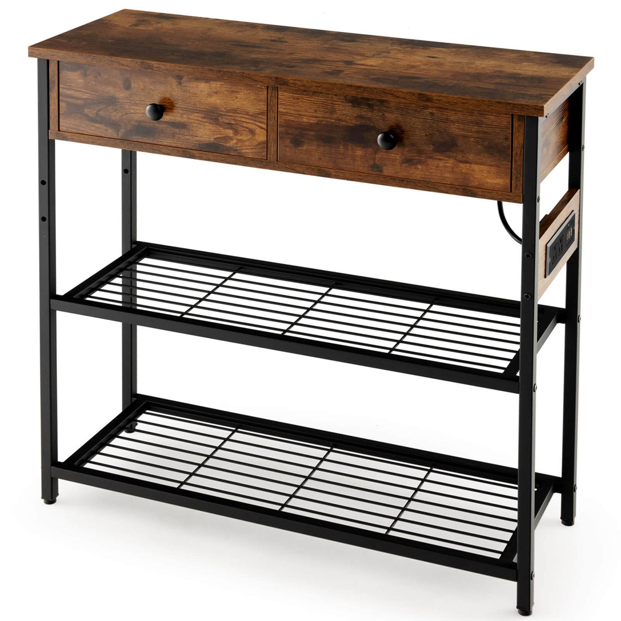 Alt View 6. Costway - Entryway Table with Charging Station Narrow Console Table with 2 Drawers - Rustic Brown.