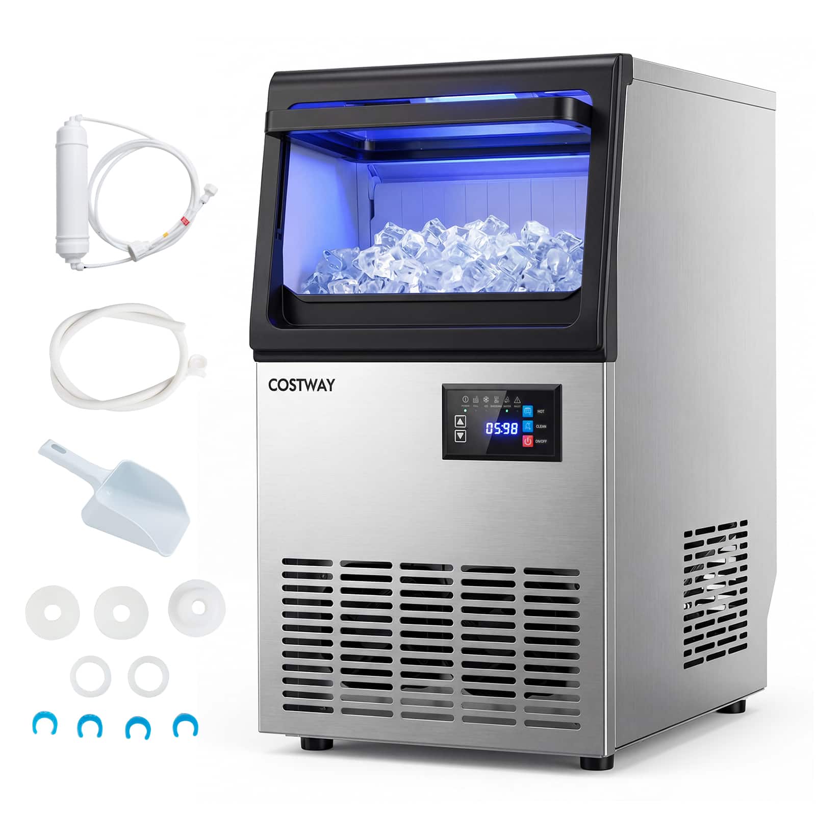 Costway - Stainless Steel Ice Maker, Under Counter & Freestanding Ice Making Machine - Black + Silver