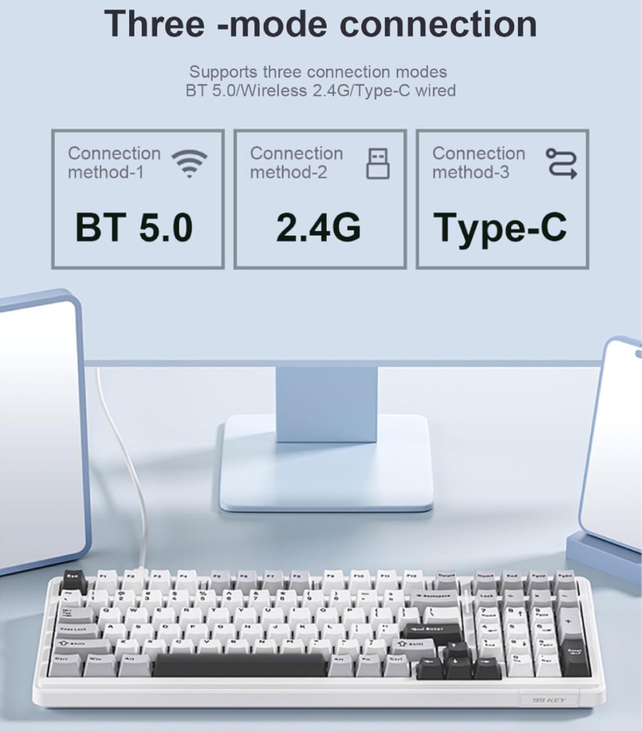 Three-mode connection supports three connection modes: BT 5.0, Wireless 2.4G, and Type-C wired. Connection method-1: BT 5.0. Connection method-2: 2.4G. Connection method-3: Type-C.