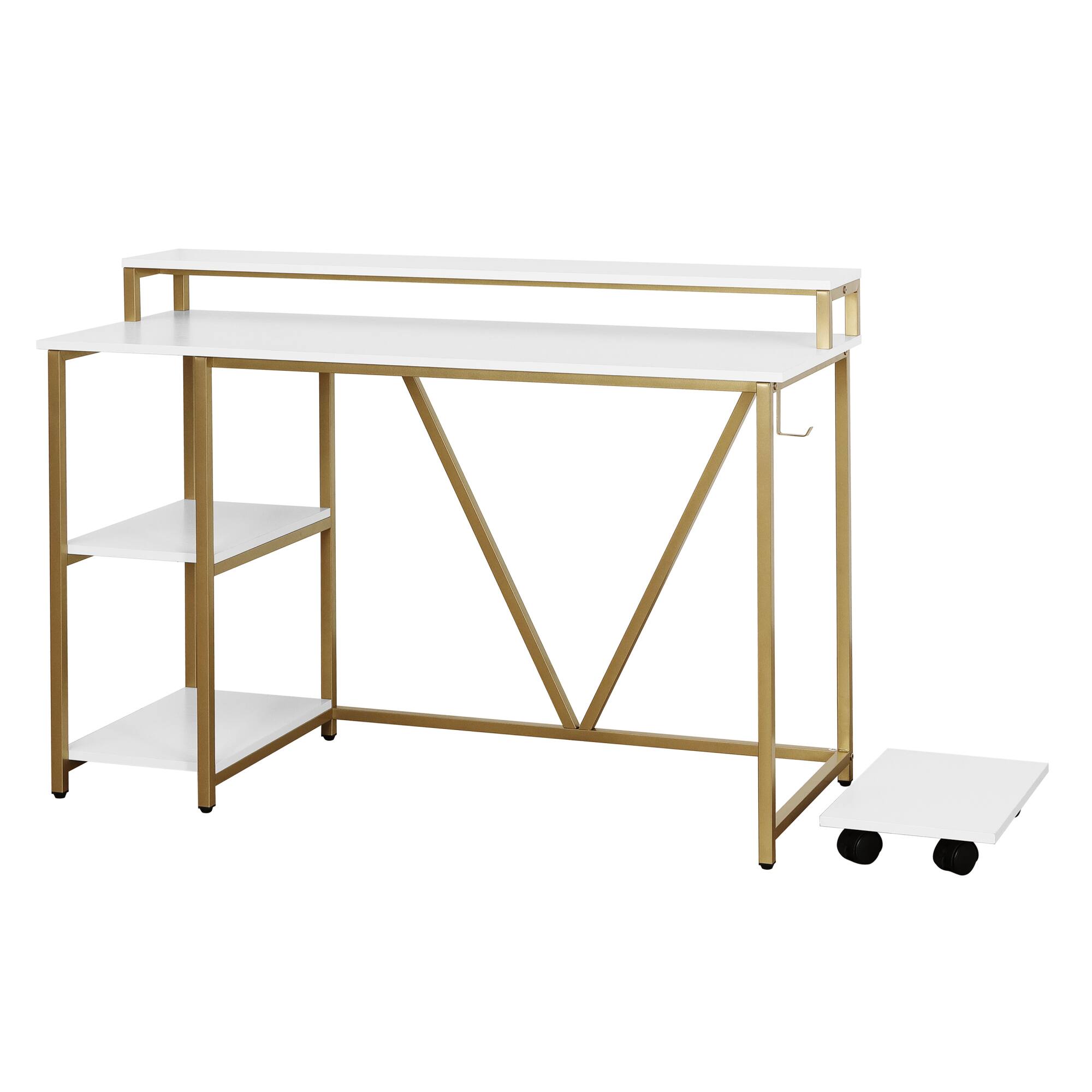 Alt View 6. GOODSILO - Industrial Style Writing Desk with Open Shelves and Mobile CPU Caddy - Gold.