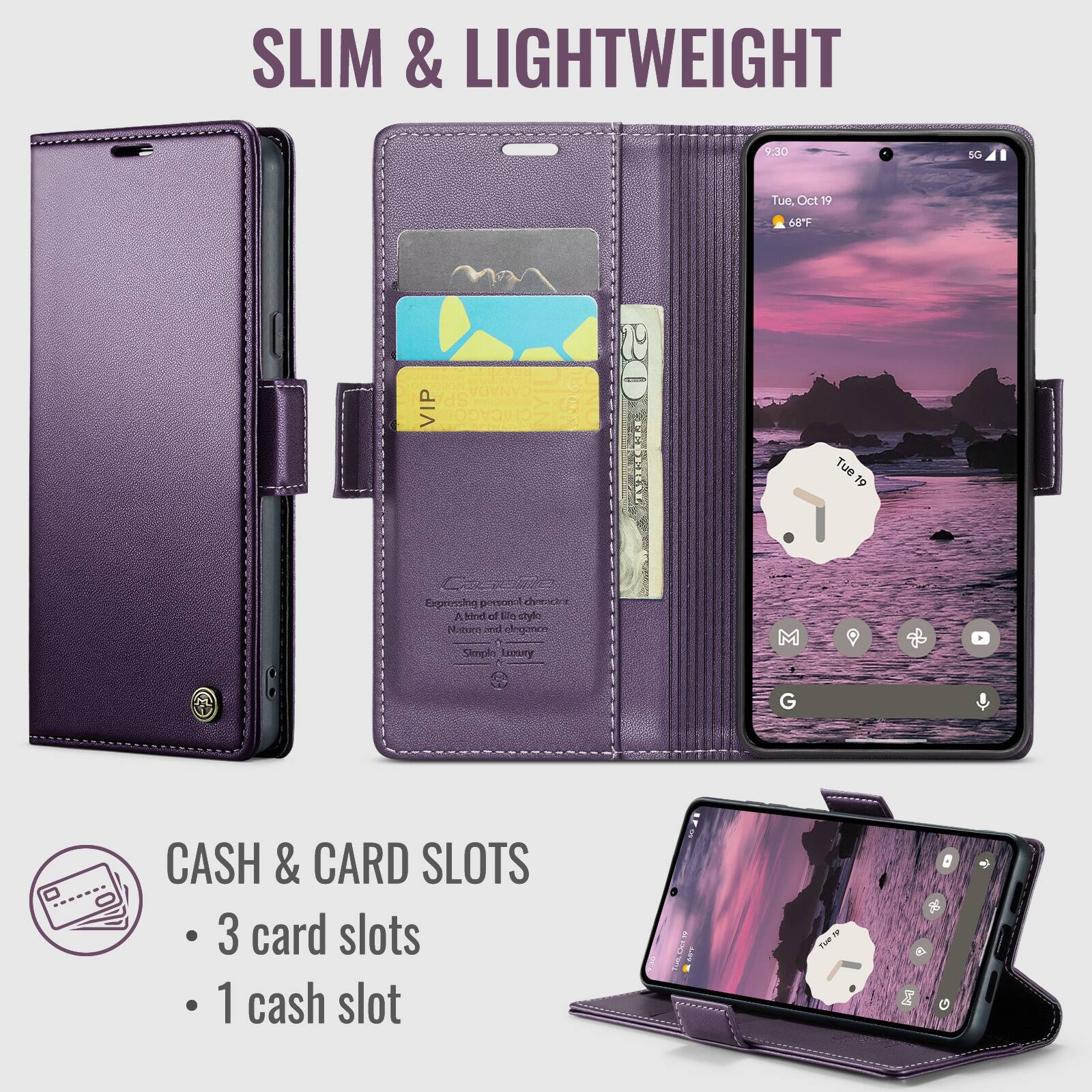 SLIM & LIGHTWEIGHT

9:30
5G
Tue Oct 19
68°F

P CANADA - CHICAGO

Expressing personal dreader A kind of style Natural elegance Simple Luxury

CASH & CARD SLOTS
- 3 card slots
- 1 cash slot