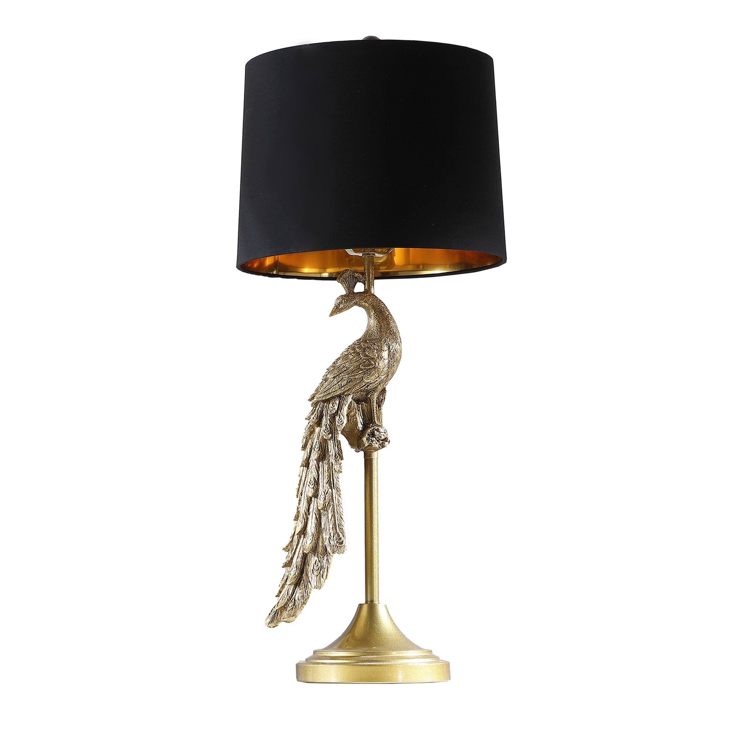 Angle. Manhattan Lane - 29 Inch Peacock Table Lamp, Polyresin Sculpture, Drum Shade - Black, Gold.