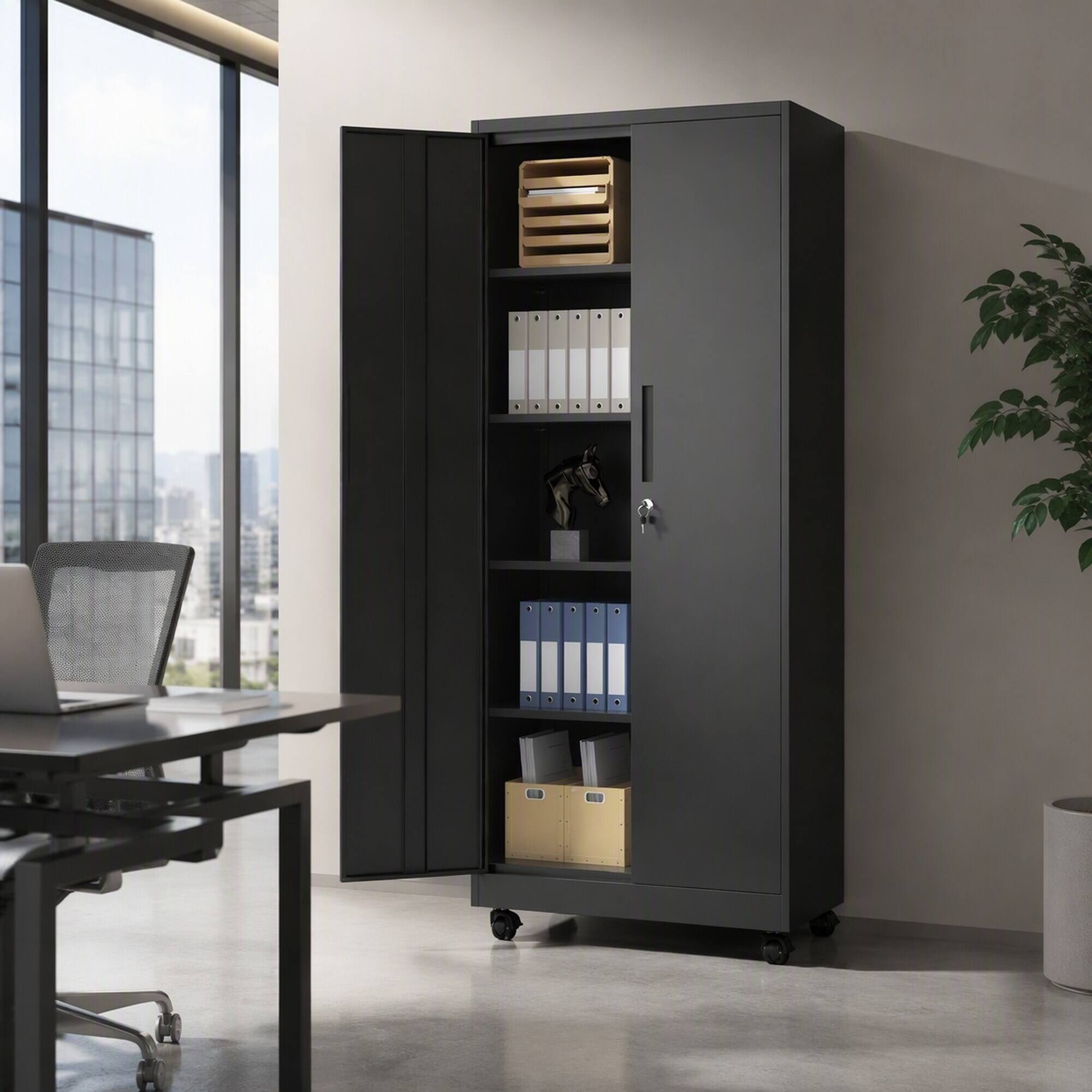 Left. RYHNUYNE - 71 in Heavy Duty Rolling Metal Garage Storage Cabinet, 4 Adjustable Shelves 180 lbs Each, 3-Point Locking System - Black.