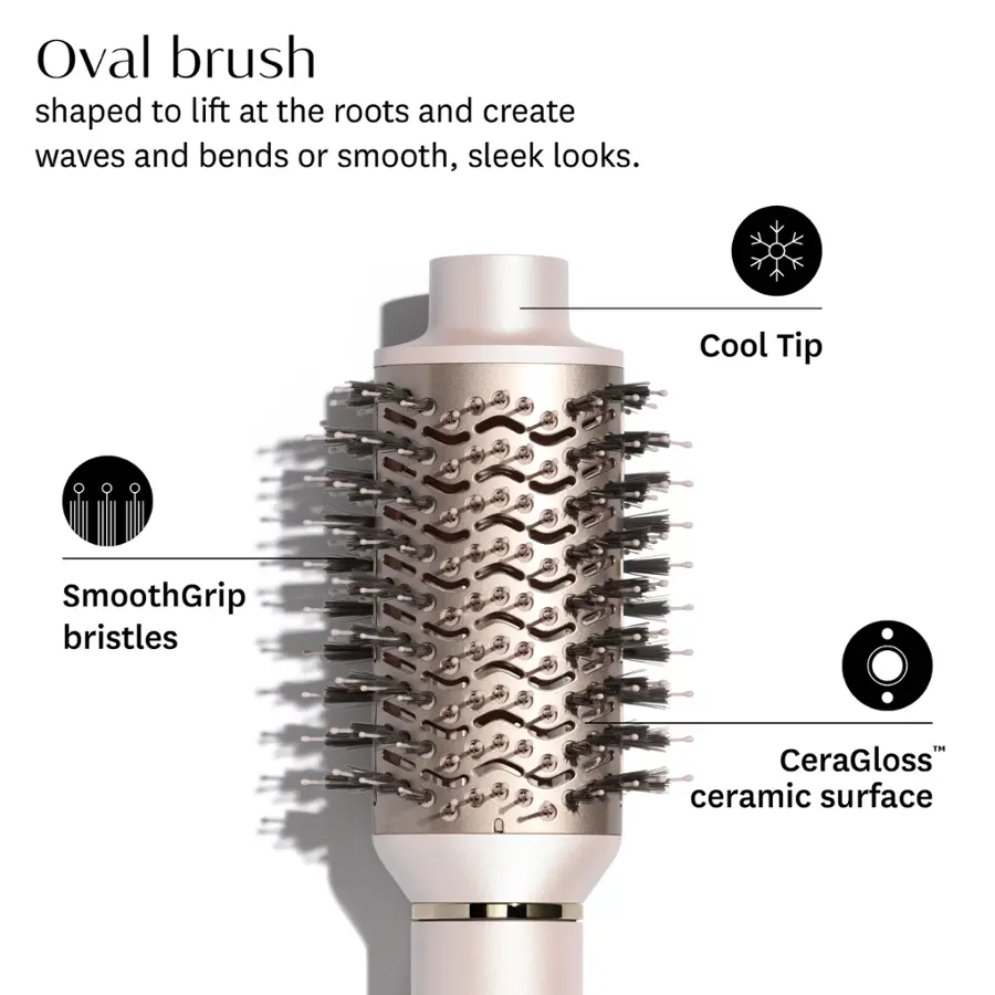 Oval brush shaped to lift at the roots and create waves and bends or smooth, sleek looks. Cool Tip SmoothGrip bristles CeraGloss ceramic surface.