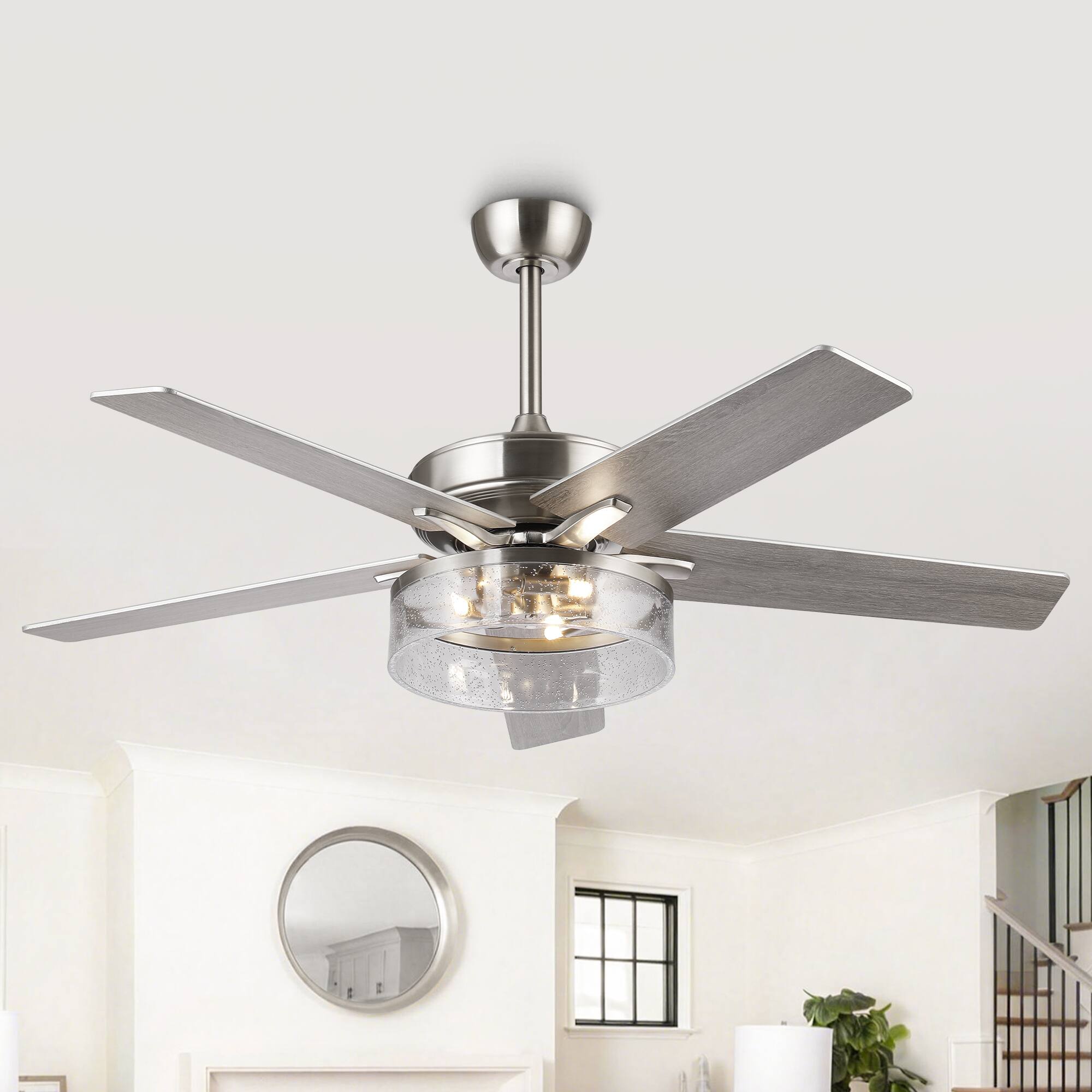 Alt View 1. Parrot Uncle - 52-inch Modern Satin Nickel Bubble Shade Ceiling Fan with Light and Reversible Blades - Sand Nickel.