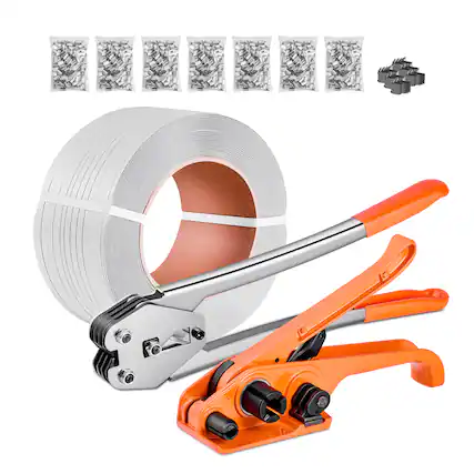 Front. VEVOR - Banding Strapping Kit, Heavy Duty Banding Sealer Tool with 3200ft Length PP Band, 1000 Metal Seals, 50 Corner Protectors - Orange + Silver.