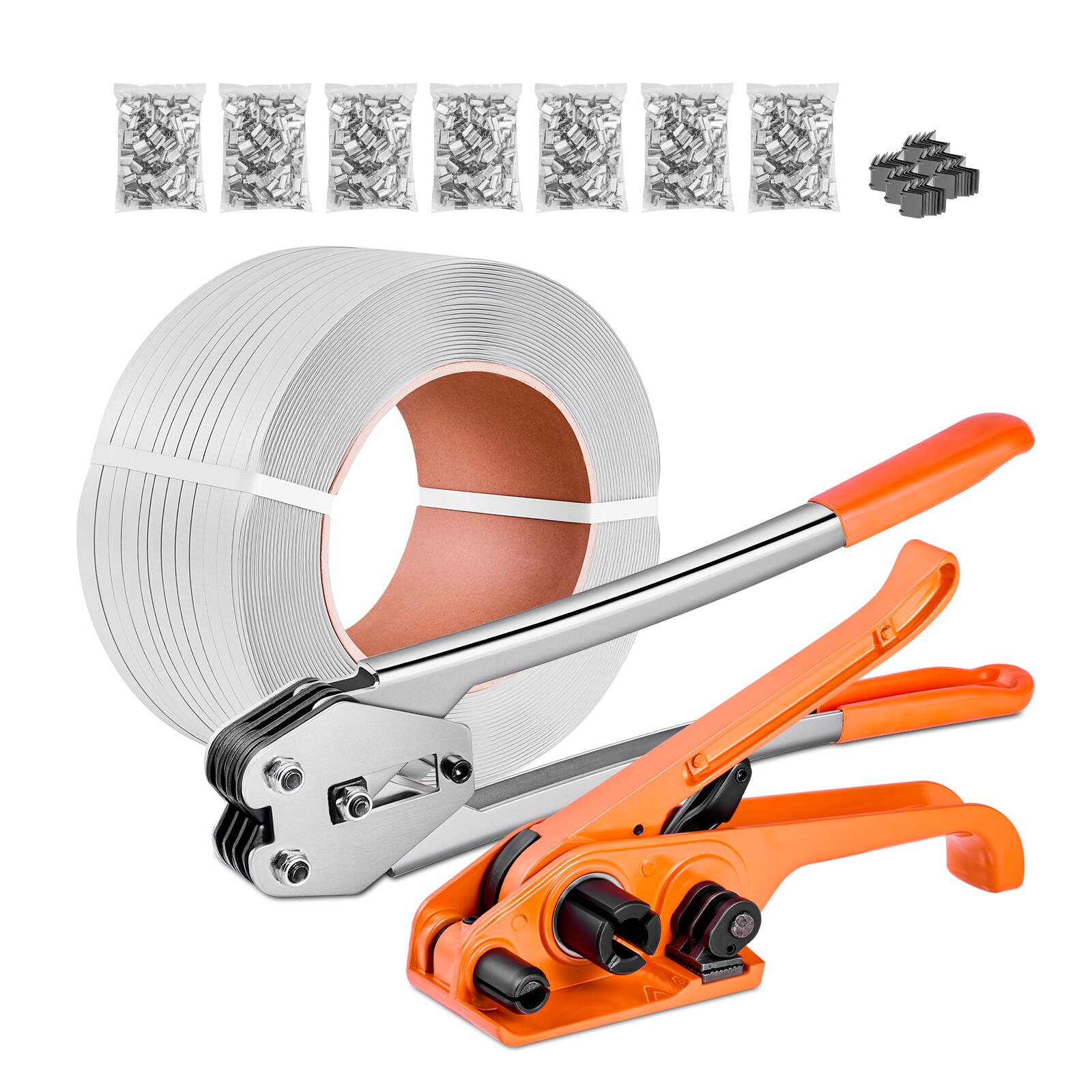 Front. VEVOR - Banding Strapping Kit, Heavy Duty Banding Sealer Tool with 3200ft Length PP Band, 1000 Metal Seals, 50 Corner Protectors - Orange + Silver.