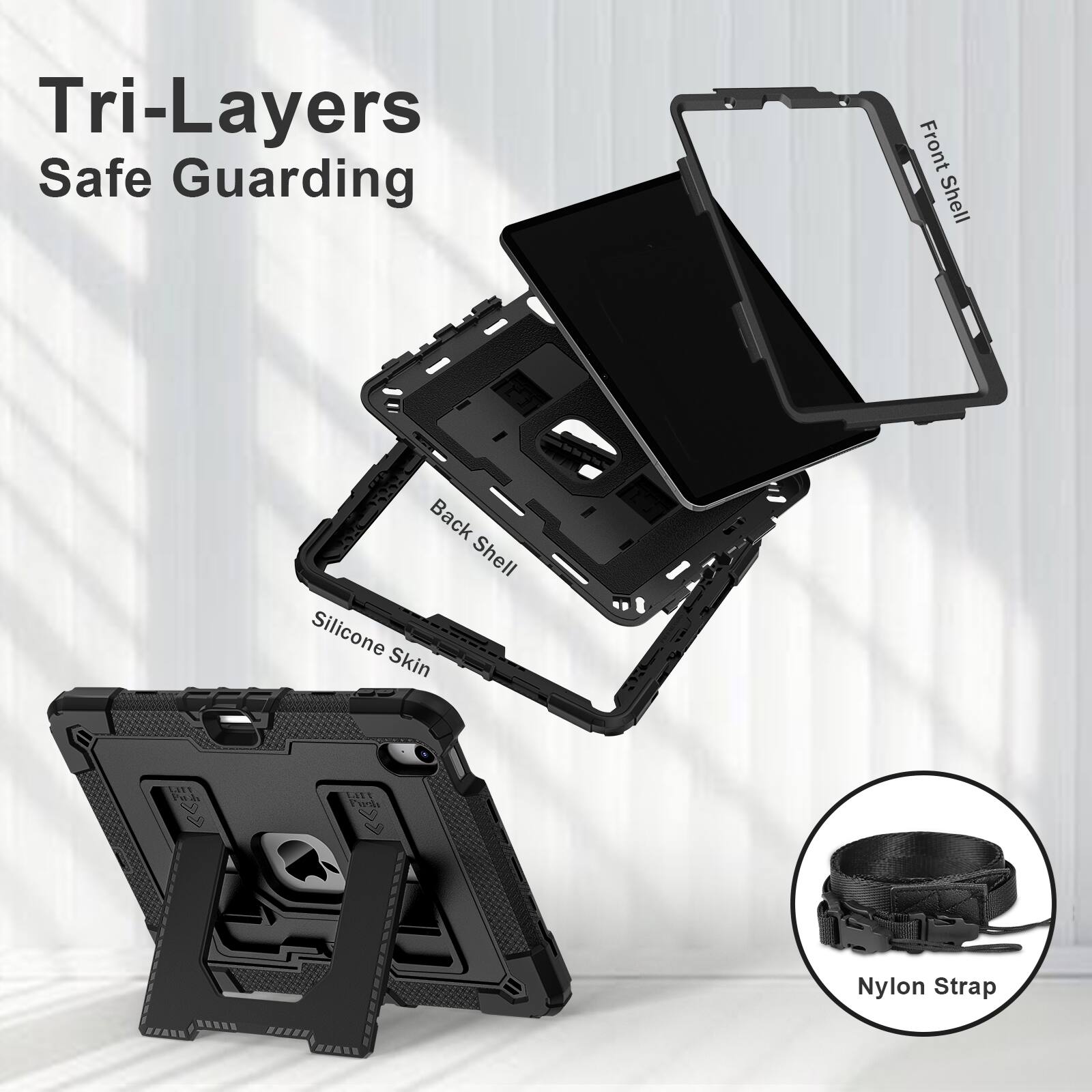 Tri-Layers Safe Guarding  
Front Shell  
Back Shell Silicone Skin  
Nylon Strap